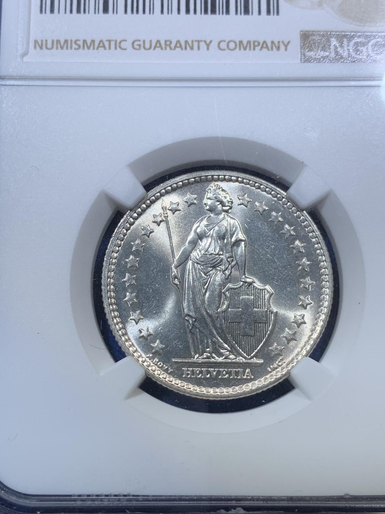 《竞宝斋》第285场- 周日，周一 2场连拍 （全场包邮） NGC MS64 瑞士1960B雪山女神赫尔维蒂立像2瑞士法郎银币 车轮光清晰 高分品相
