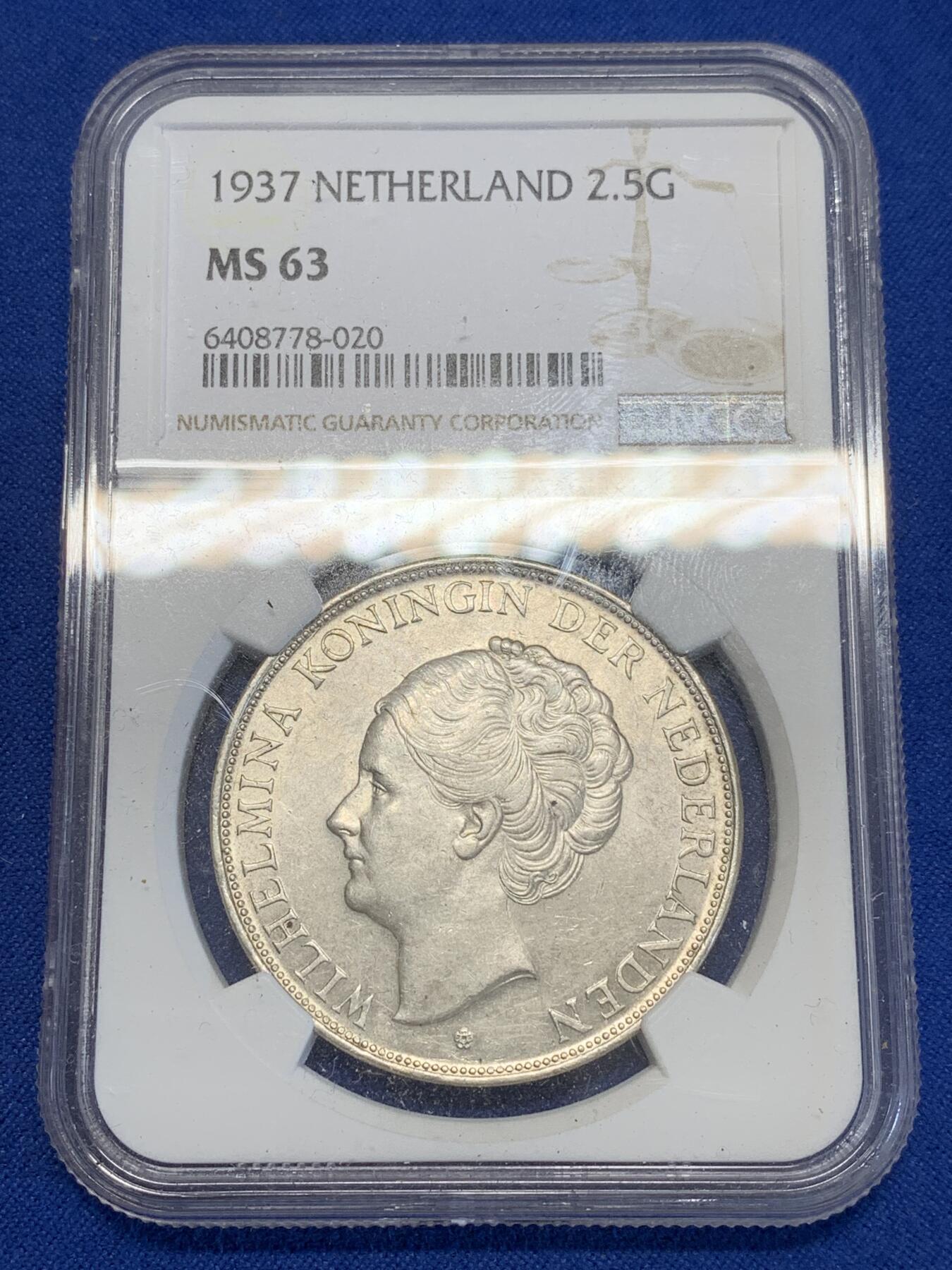 《竞宝斋》第285场- 周日，周一 2场连拍 （全场包邮） NGC MS63 荷兰1937年女王威廉明娜2.5盾银币