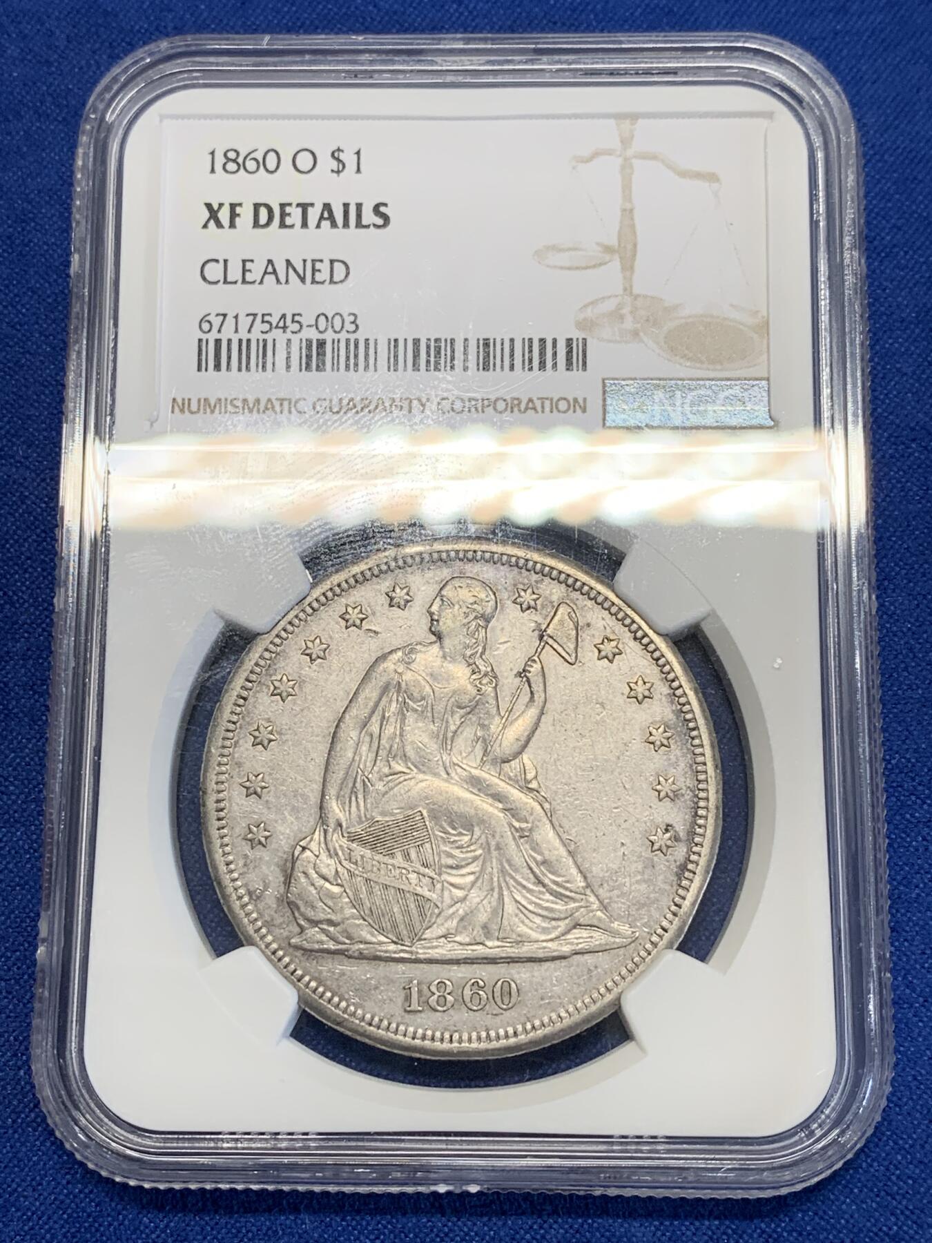 《竞宝斋》第285场- 周日，周一 2场连拍 （全场包邮） NGC XFD 美国1860年O版自由女神坐像1美元银币 不带美国箴言“In god we trust” 严评了 出分就翻倍了 不常见之物