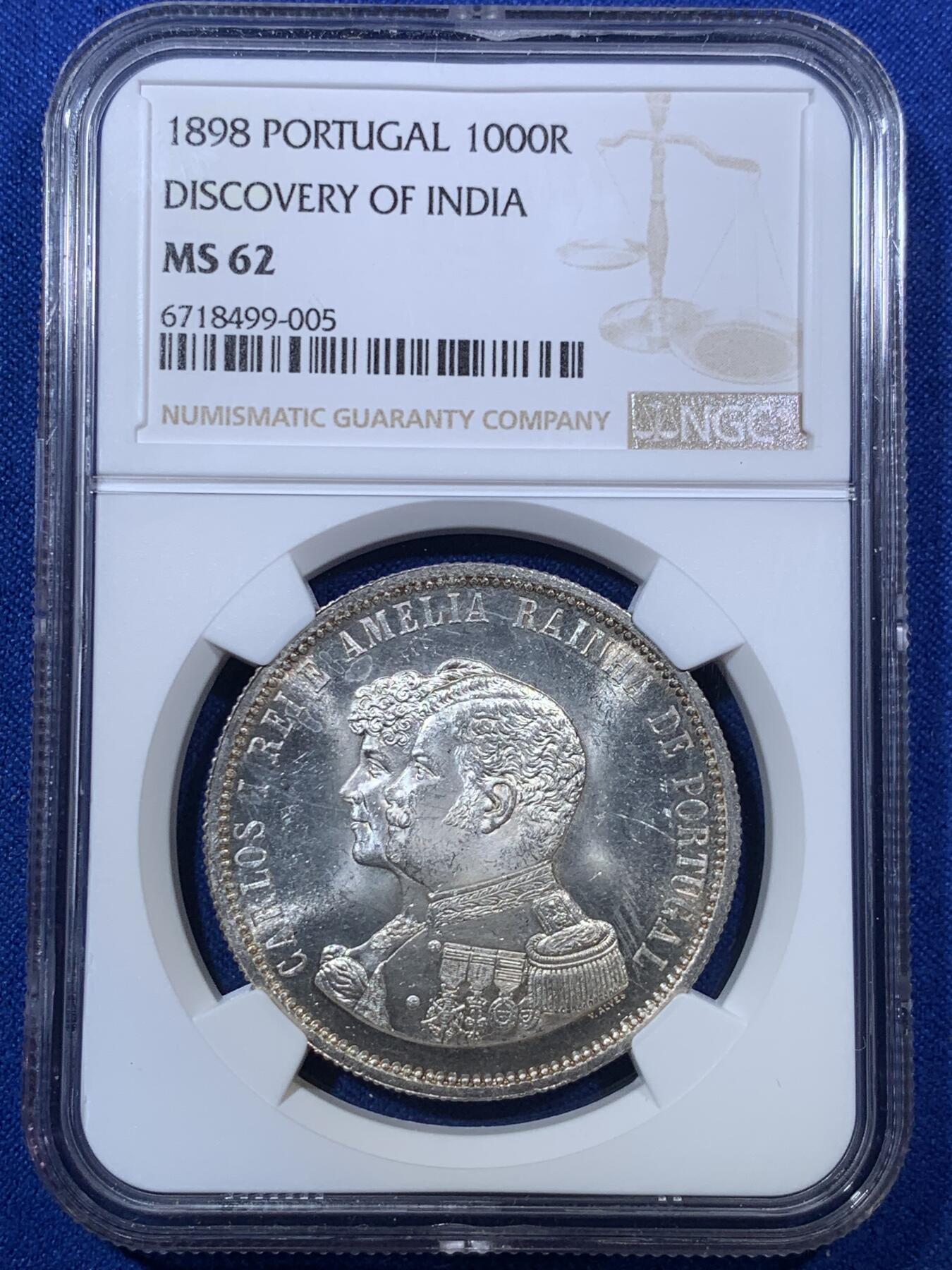 《竞宝斋》第285场- 周日，周一 2场连拍 （全场包邮） NGC MS62 葡萄牙1898年发现印度戎装版1000瑞斯银币