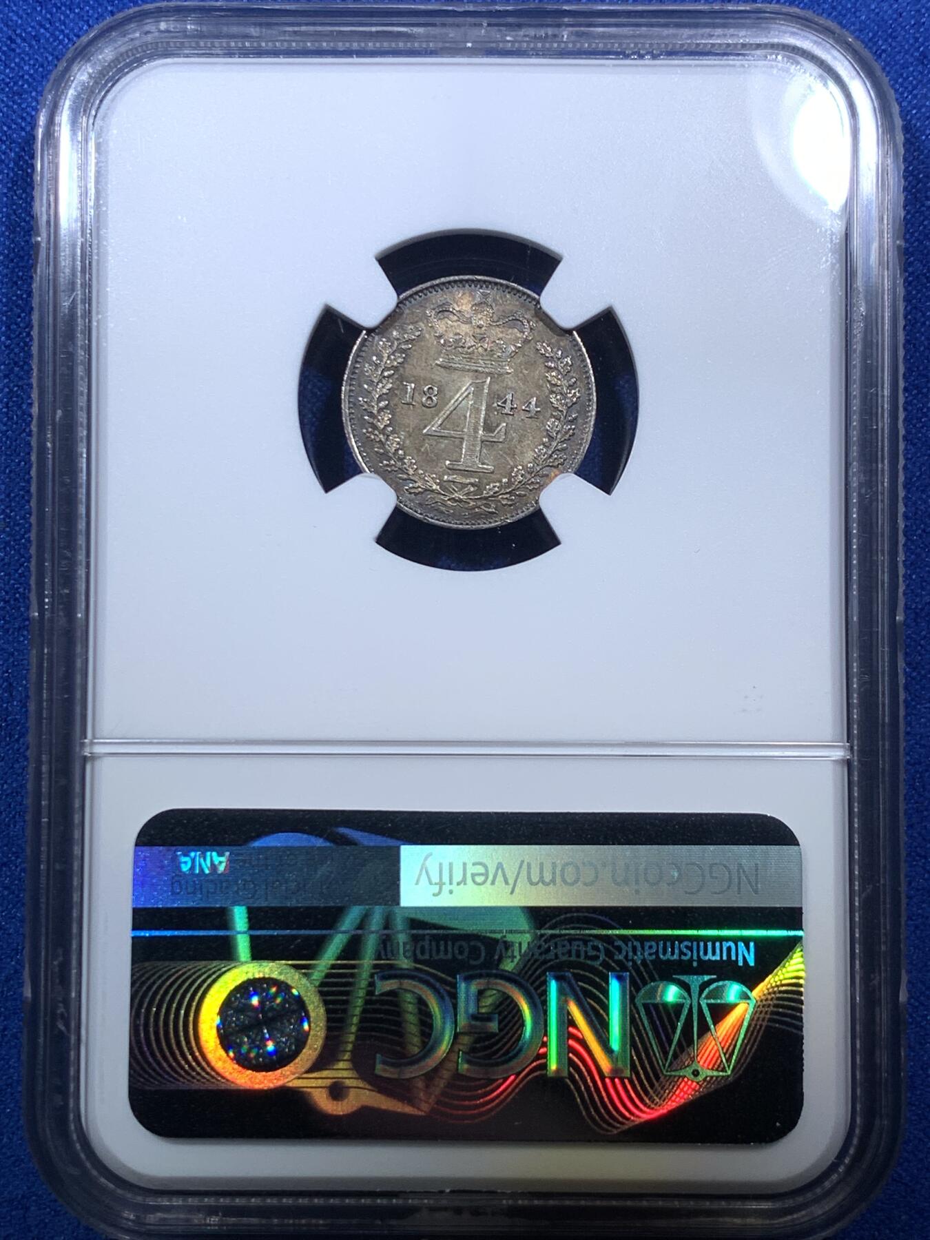 《竞宝斋》第285场- 周日，周一 2场连拍 （全场包邮） 4枚一组 NGC MS65/66/66/64 英国1844 维多利亚 濯足币 1P+2P+3P+4P 高分小维濯足 淡灰色带彩包浆漂亮