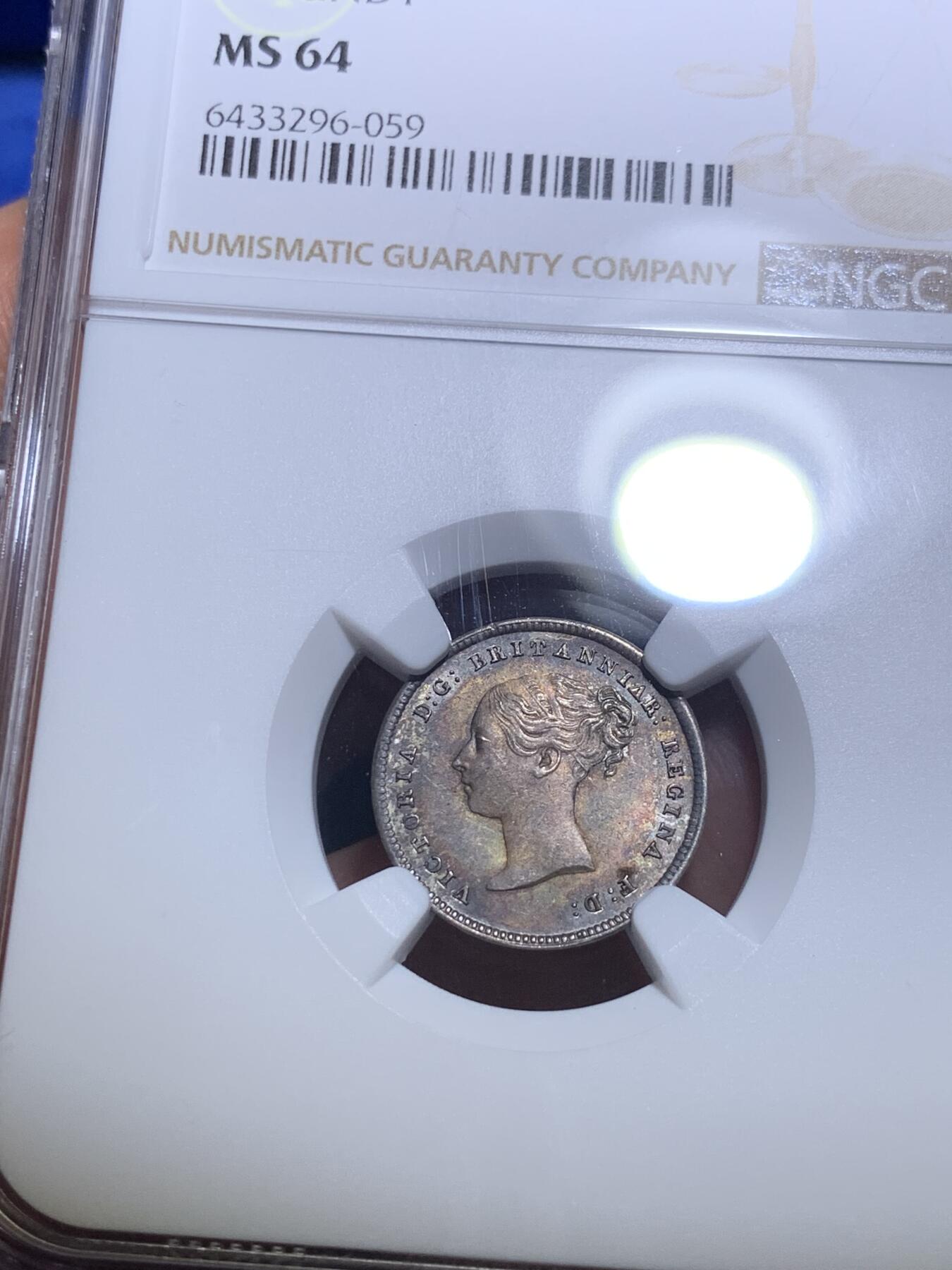 《竞宝斋》第285场- 周日，周一 2场连拍 （全场包邮） 4枚一组 NGC MS65/66/66/64 英国1844 维多利亚 濯足币 1P+2P+3P+4P 高分小维濯足 淡灰色带彩包浆漂亮