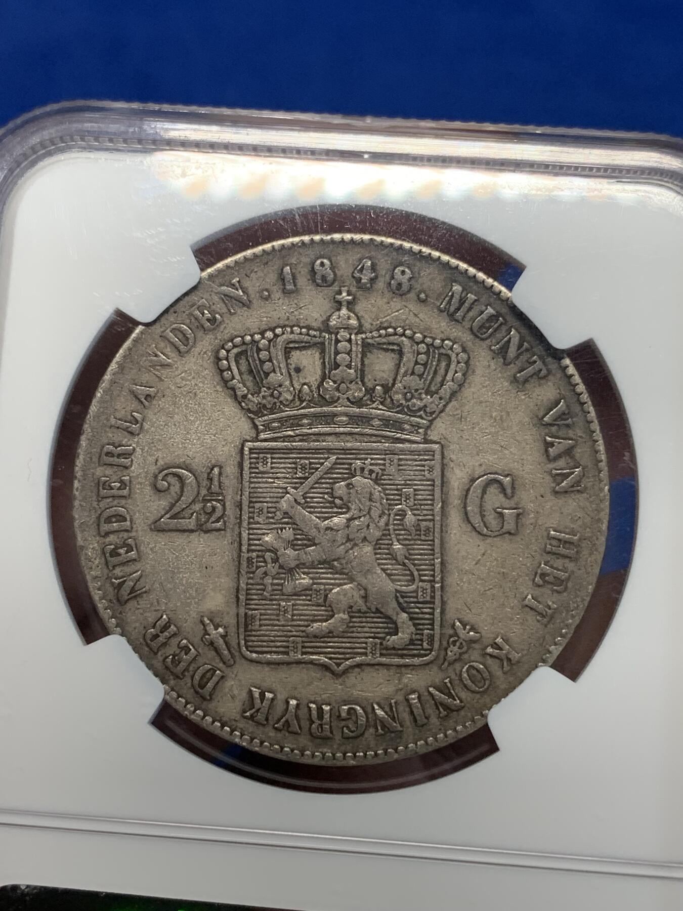 《竞宝斋》第285场- 周日，周一 2场连拍 （全场包邮） NGC VF35 荷兰1848年威廉二世长脖子2.5盾 原味老包浆 细节非常好 低评