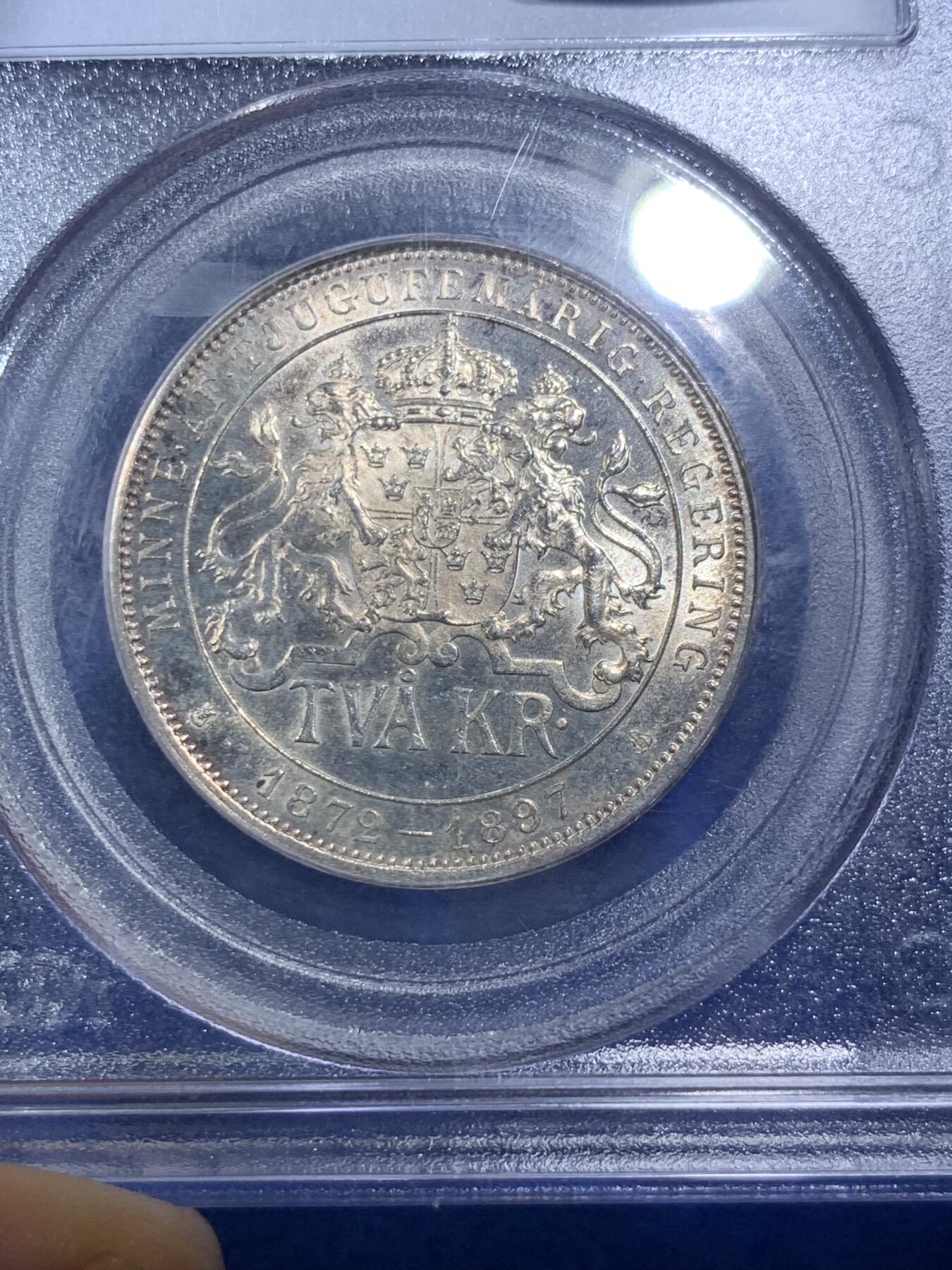《竞宝斋》第285场- 周日，周一 2场连拍 （全场包邮） PCGS MS64 瑞典 1897年 奥斯卡二世登基 2克朗 银币 经典老白盒