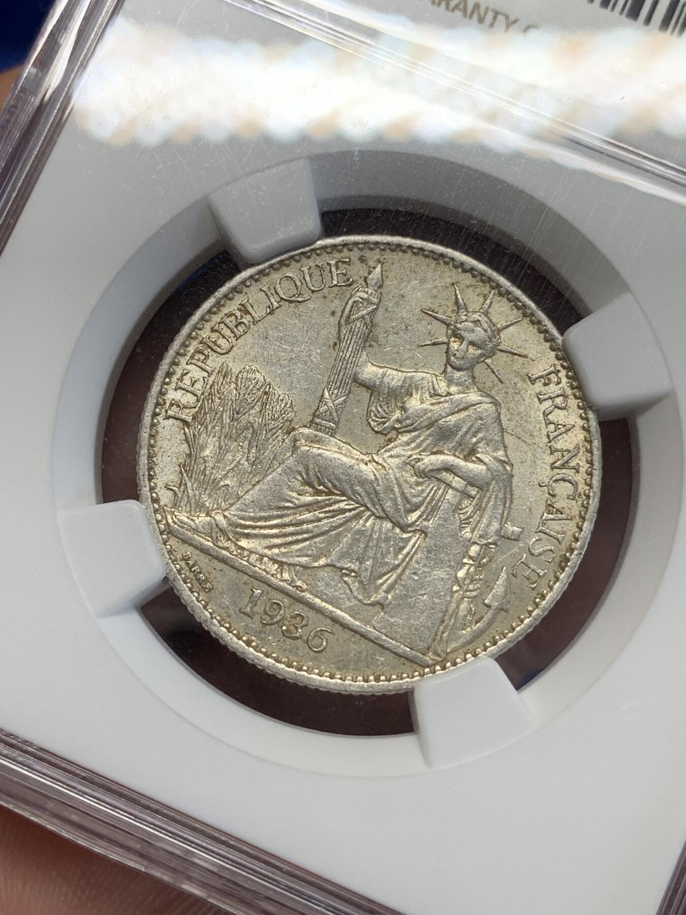 《竞宝斋》第285场- 周日，周一 2场连拍 （全场包邮） NGC AU55 法属印支1936年坐洋50分 原味带光 状态很不错 略有低评