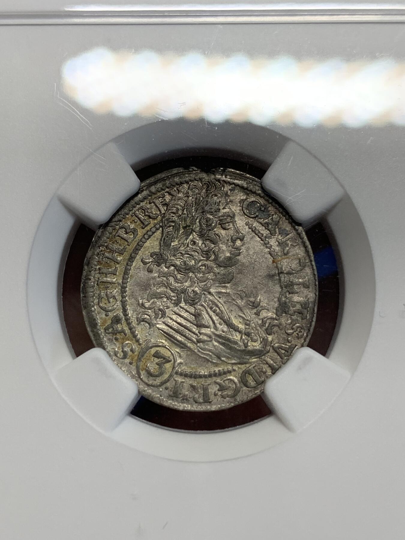 《竞宝斋》第285场- 周日，周一 2场连拍 （全场包邮） NGC AU55 神圣罗马帝国1712年查理六世3克鲁泽银币  稀少的波兰-布雷斯劳造币厂铸造 五彩包浆