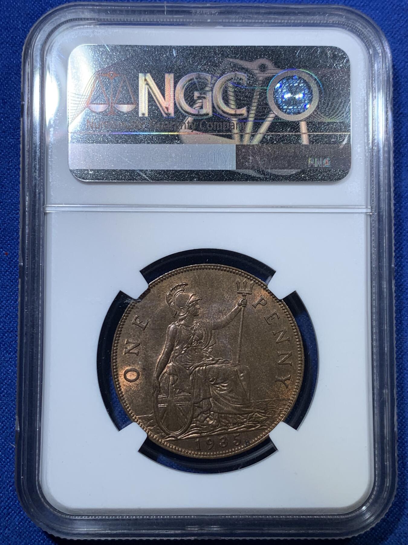 《竞宝斋》第285场- 周日，周一 2场连拍 （全场包邮） NGC MS64BN 英国1935年乔治五世1便士 64的好状态少见