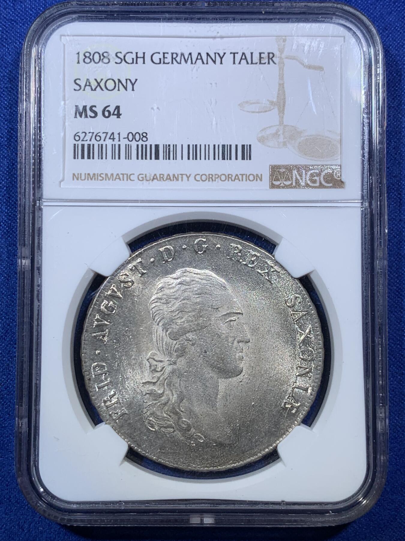《竞宝斋》第285场- 周日，周一 2场连拍 （全场包邮） 唯一亚军分 NGC MS64 德国 萨克森 1808 奥古斯特一世 泰勒大银币 打制好 带转光