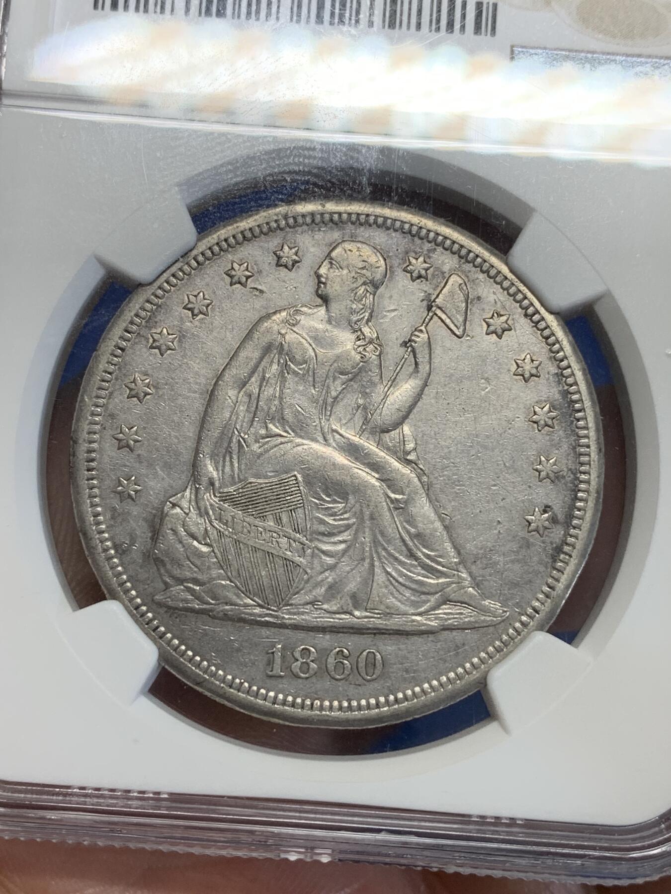 《竞宝斋》第285场- 周日，周一 2场连拍 （全场包邮） NGC XFD 美国1860年O版自由女神坐像1美元银币 不带美国箴言“In god we trust” 严评了 出分就翻倍了 不常见之物
