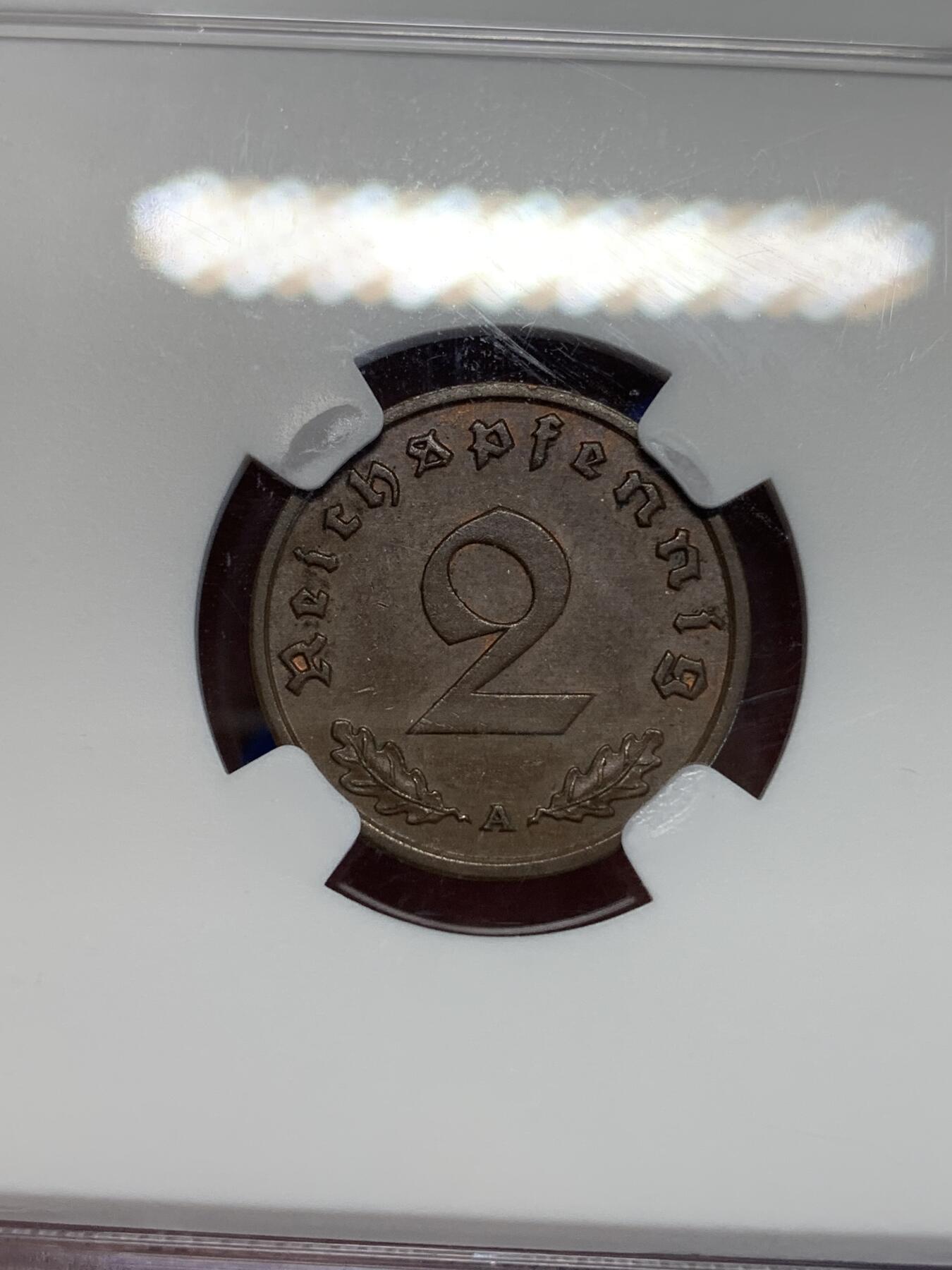 《竞宝斋》第285场- 周日，周一 2场连拍 （全场包邮） NGC MS62BN 德国1938年A厂2芬尼