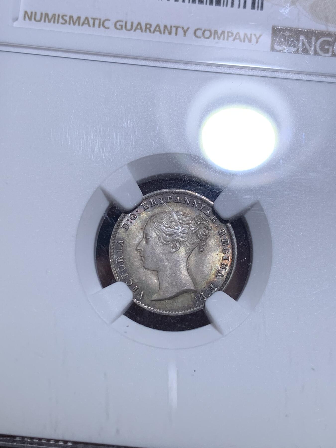 《竞宝斋》第285场- 周日，周一 2场连拍 （全场包邮） 4枚一组 NGC MS65/66/66/64 英国1844 维多利亚 濯足币 1P+2P+3P+4P 高分小维濯足 淡灰色带彩包浆漂亮