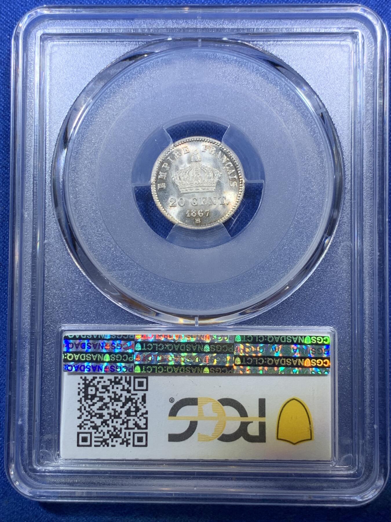 《竞宝斋》第285场- 周日，周一 2场连拍 （全场包邮） PCGS MS67 法国 1867年 拿破仑三世 20分 银币 超过150年历史的小辅币 能达到67分很少见 到顶了