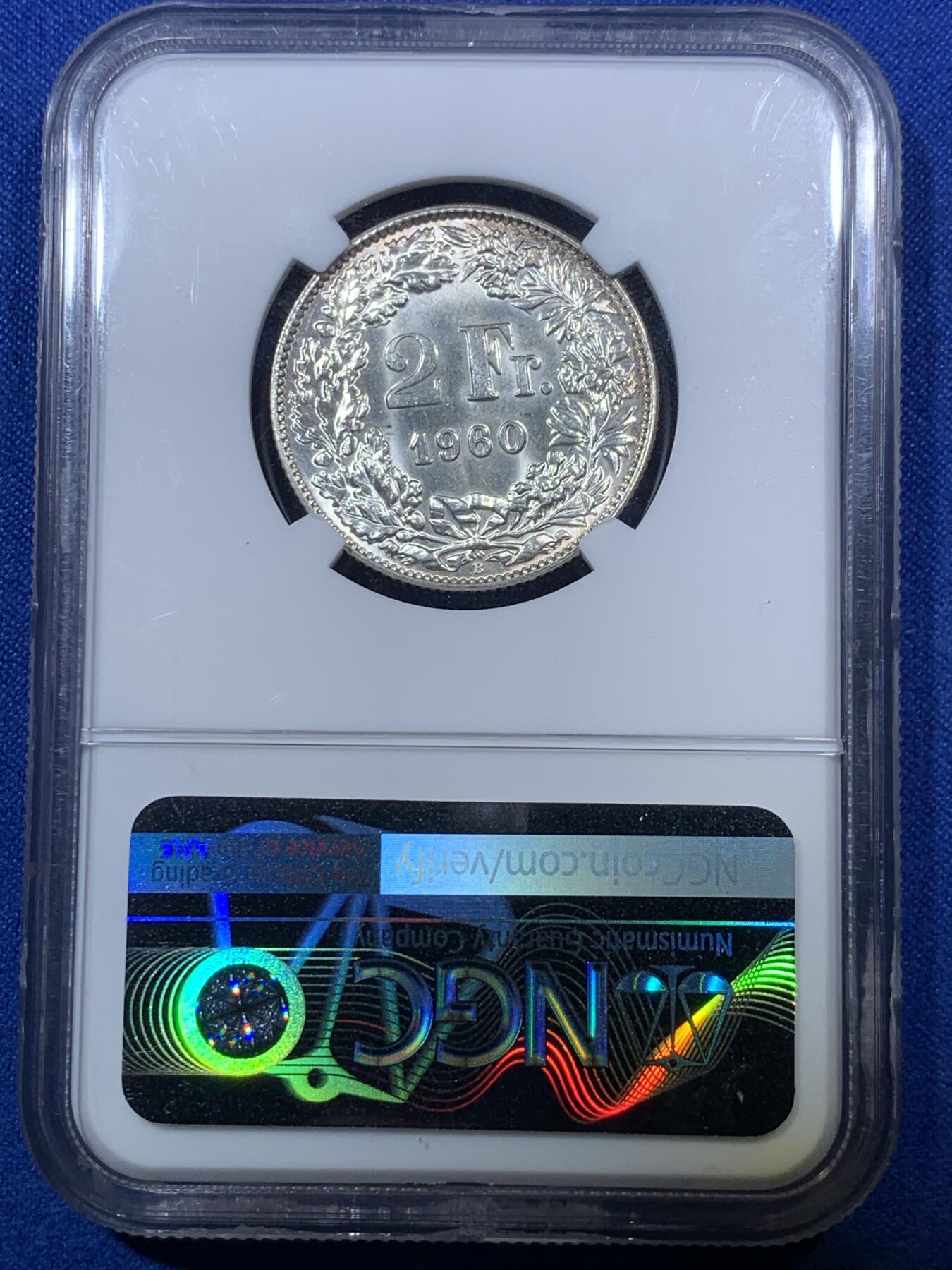 《竞宝斋》第285场- 周日，周一 2场连拍 （全场包邮） NGC MS64 瑞士1960B雪山女神赫尔维蒂立像2瑞士法郎银币 车轮光清晰 高分品相