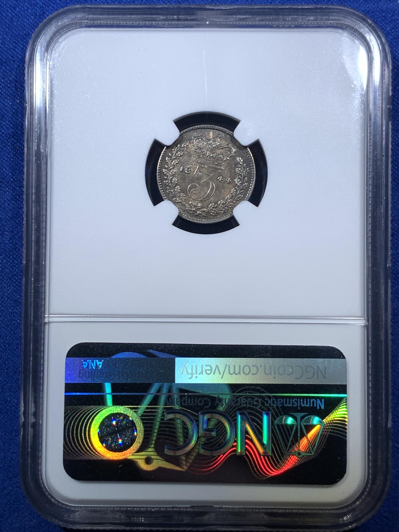 《竞宝斋》第285场- 周日，周一 2场连拍 （全场包邮） 4枚一组 NGC MS65/66/66/64 英国1844 维多利亚 濯足币 1P+2P+3P+4P 高分小维濯足 淡灰色带彩包浆漂亮