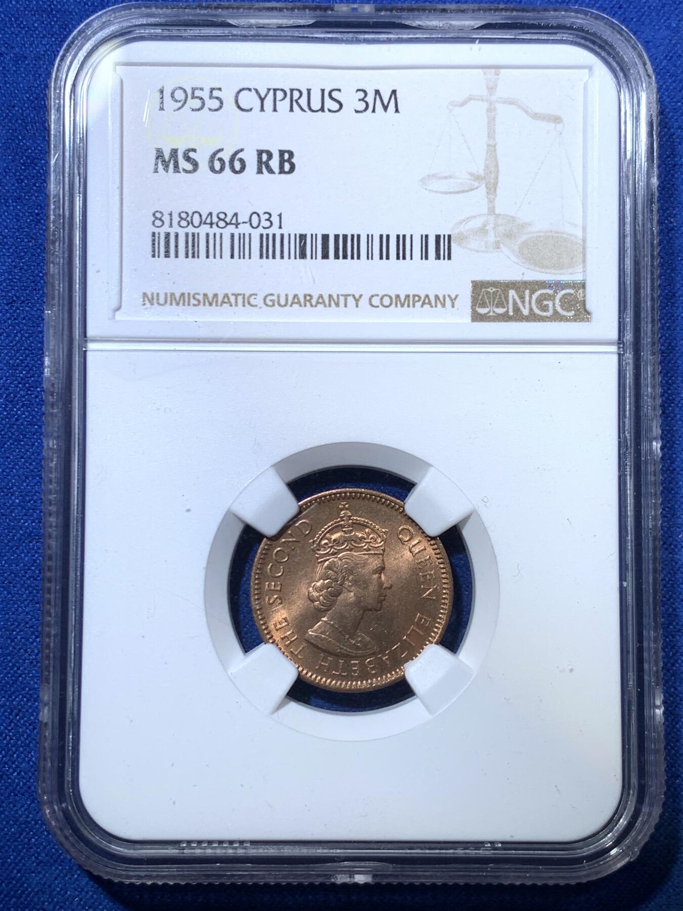 《竞宝斋》第285场- 周日，周一 2场连拍 （全场包邮） 两枚一组 NGC MS66RB&MS64BN 塞浦路斯1955年3米尔&5米尔 两大亮点 3米尔虽然铺天盖地 但是这枚是麦稀奇有史以来最高分 5米尔则罕见 麦稀奇首枚 品相均为一流 实属少见的一对