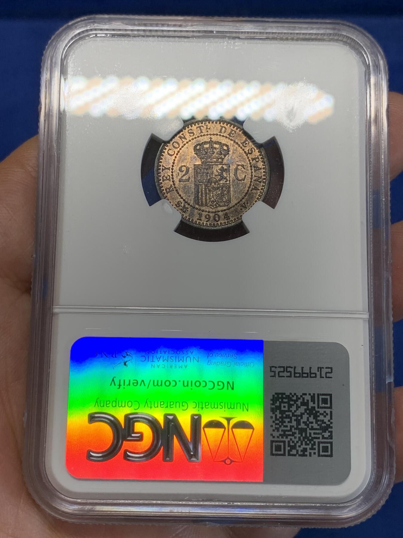 《竞宝斋》第285场- 周日，周一 2场连拍 （全场包邮） NGC MS62RB 西班牙 1904年 阿方索十三世 2分 军装版 铜币