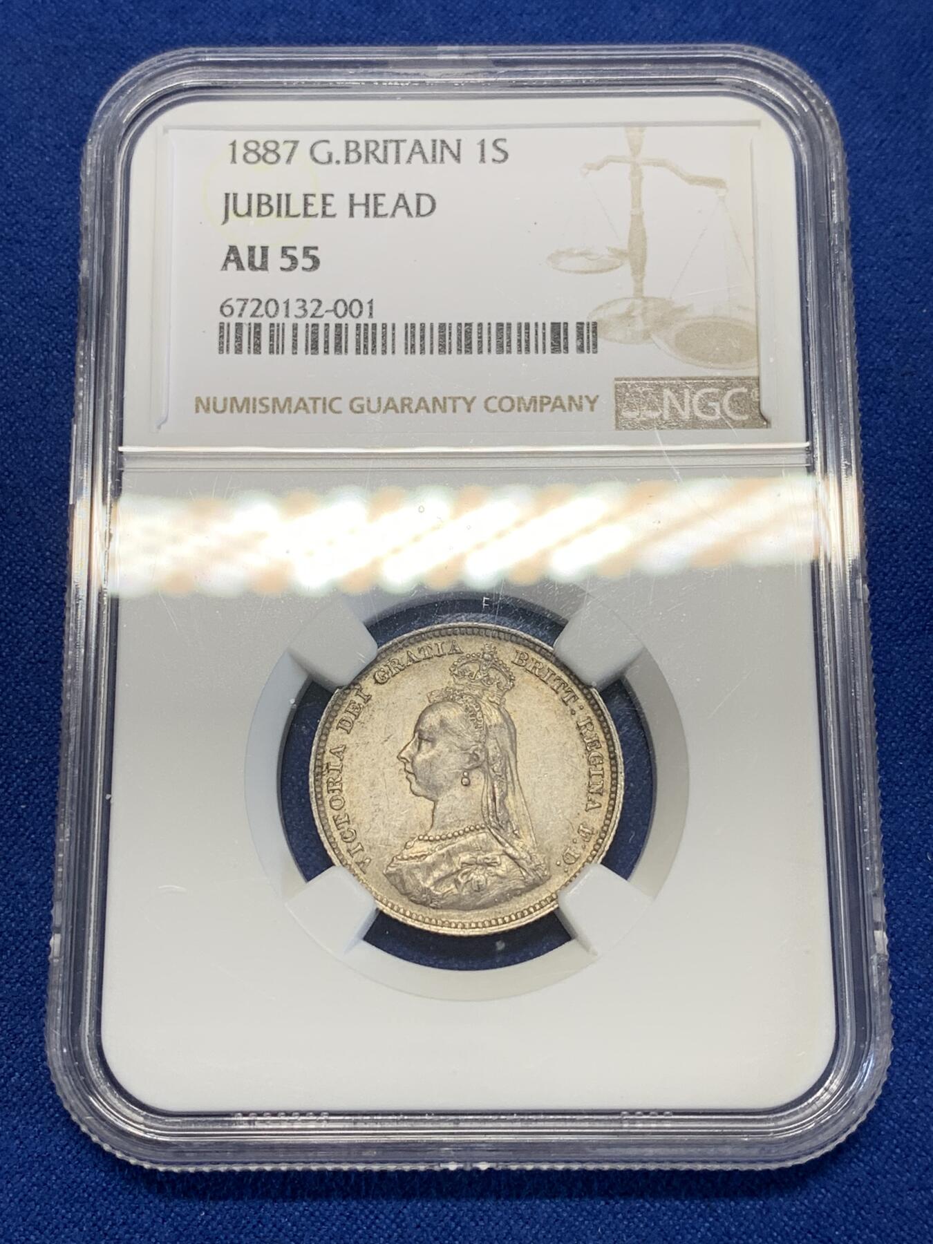 《竞宝斋》第285场- 周日，周一 2场连拍 （全场包邮） NGC AU55 英国1887年维多利亚1先令 原味带光 状态不错