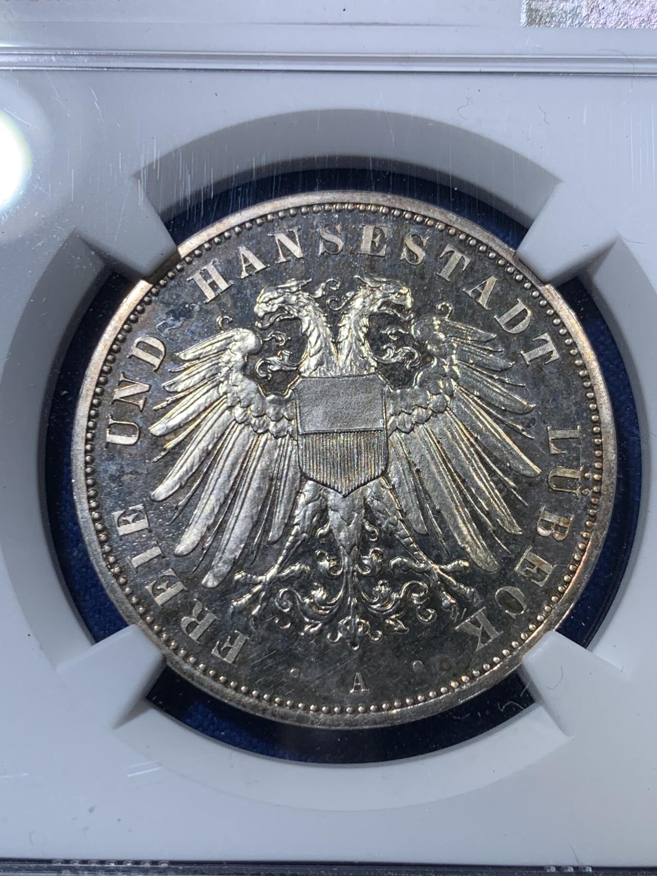 《竞宝斋》第285场- 周日，周一 2场连拍 （全场包邮） NGC PF65 德国1912A吕贝克精制3马克 亚军分 更高评级的只有1枚