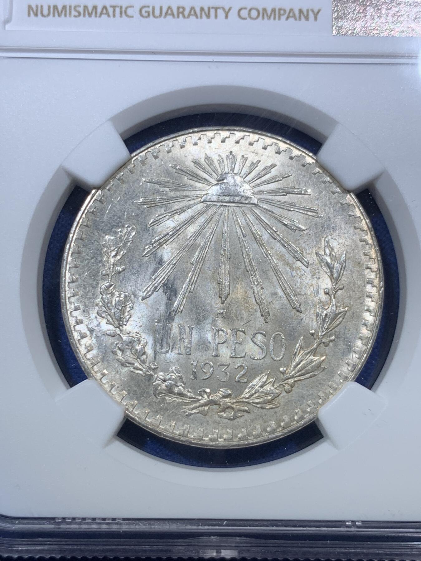 《竞宝斋》第285场- 周日，周一 2场连拍 （全场包邮） NGC MS65 墨西哥 1932M 1比索银币 65分实属好品 两面转光 银光闪闪 不容错过