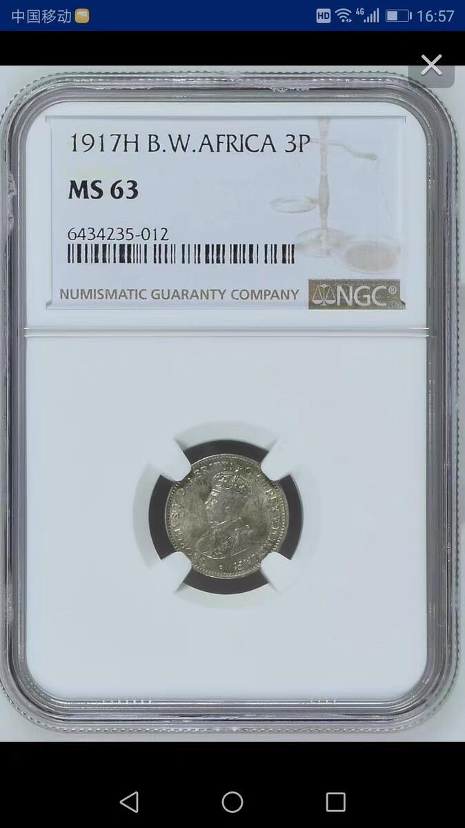 NGC-MS63英属西非1917年3便士银币