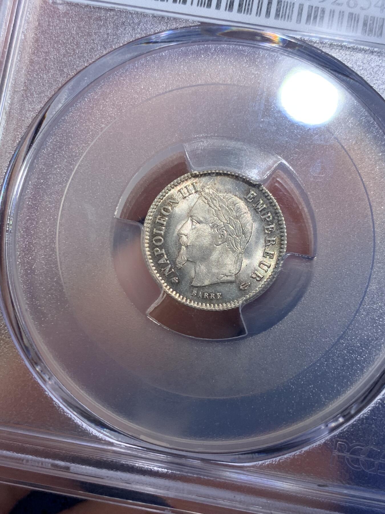 《竞宝斋》第285场- 周日，周一 2场连拍 （全场包邮） PCGS MS67 法国 1867年 拿破仑三世 20分 银币 超过150年历史的小辅币 能达到67分很少见 到顶了