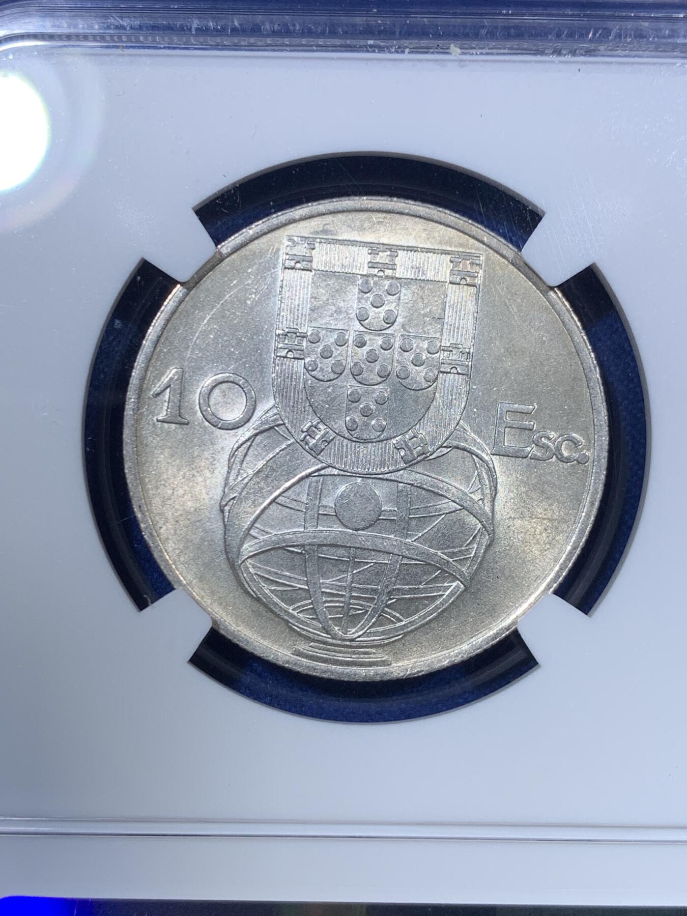 《竞宝斋》第285场- 周日，周一 2场连拍 （全场包邮） NGC MS64 葡萄牙1954年大帆船10埃斯库多银币