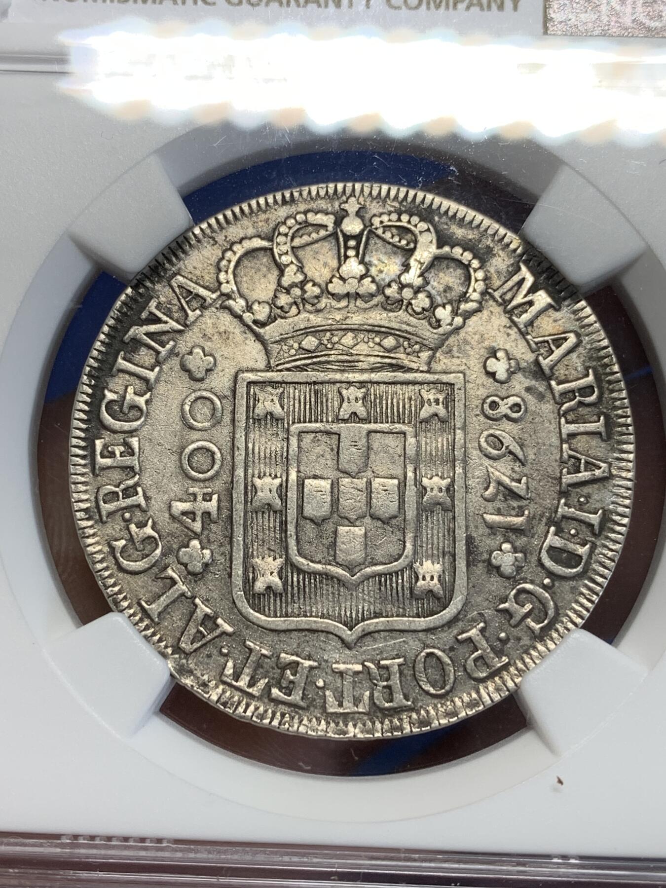 《竞宝斋》第285场- 周日，周一 2场连拍 （全场包邮） NGC XFD 葡萄牙1798年400瑞斯银币 少见面值