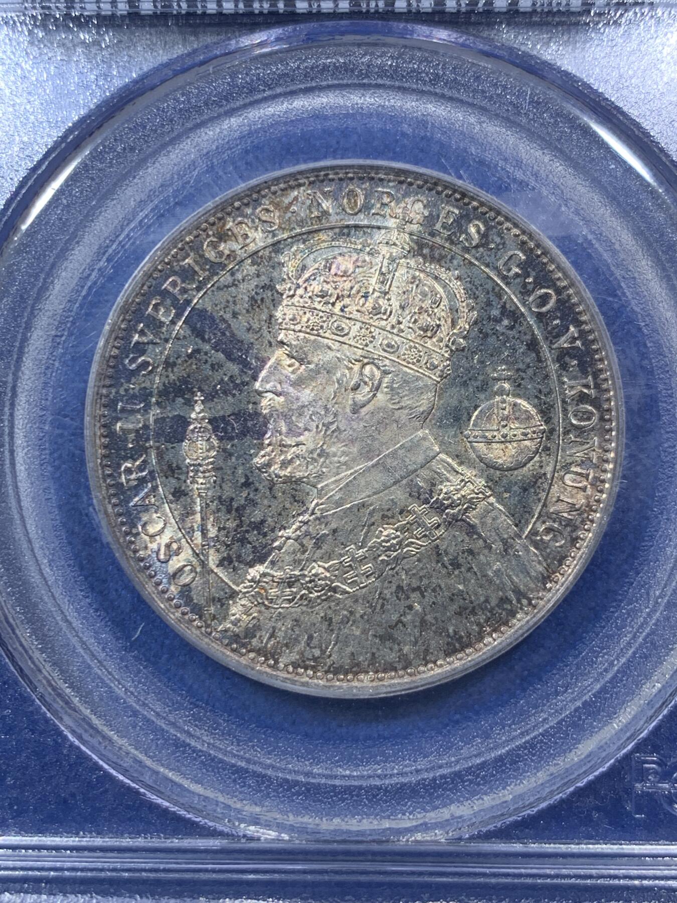 《竞宝斋》第285场- 周日，周一 2场连拍 （全场包邮） PCGS MS64 瑞典 1897年 奥斯卡二世登基 2克朗 银币 经典老白盒
