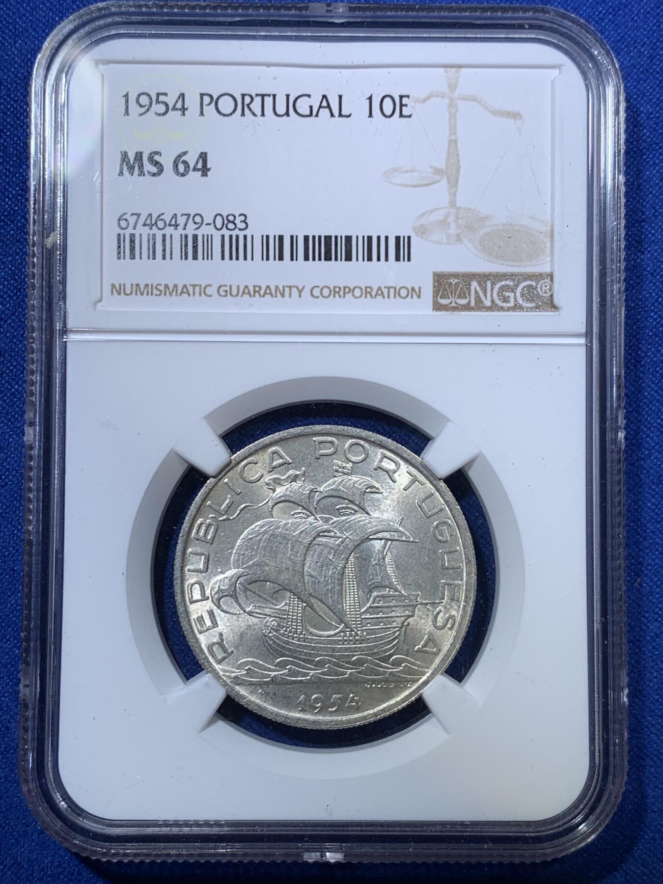 《竞宝斋》第285场- 周日，周一 2场连拍 （全场包邮） NGC MS64 葡萄牙1954年大帆船10埃斯库多银币