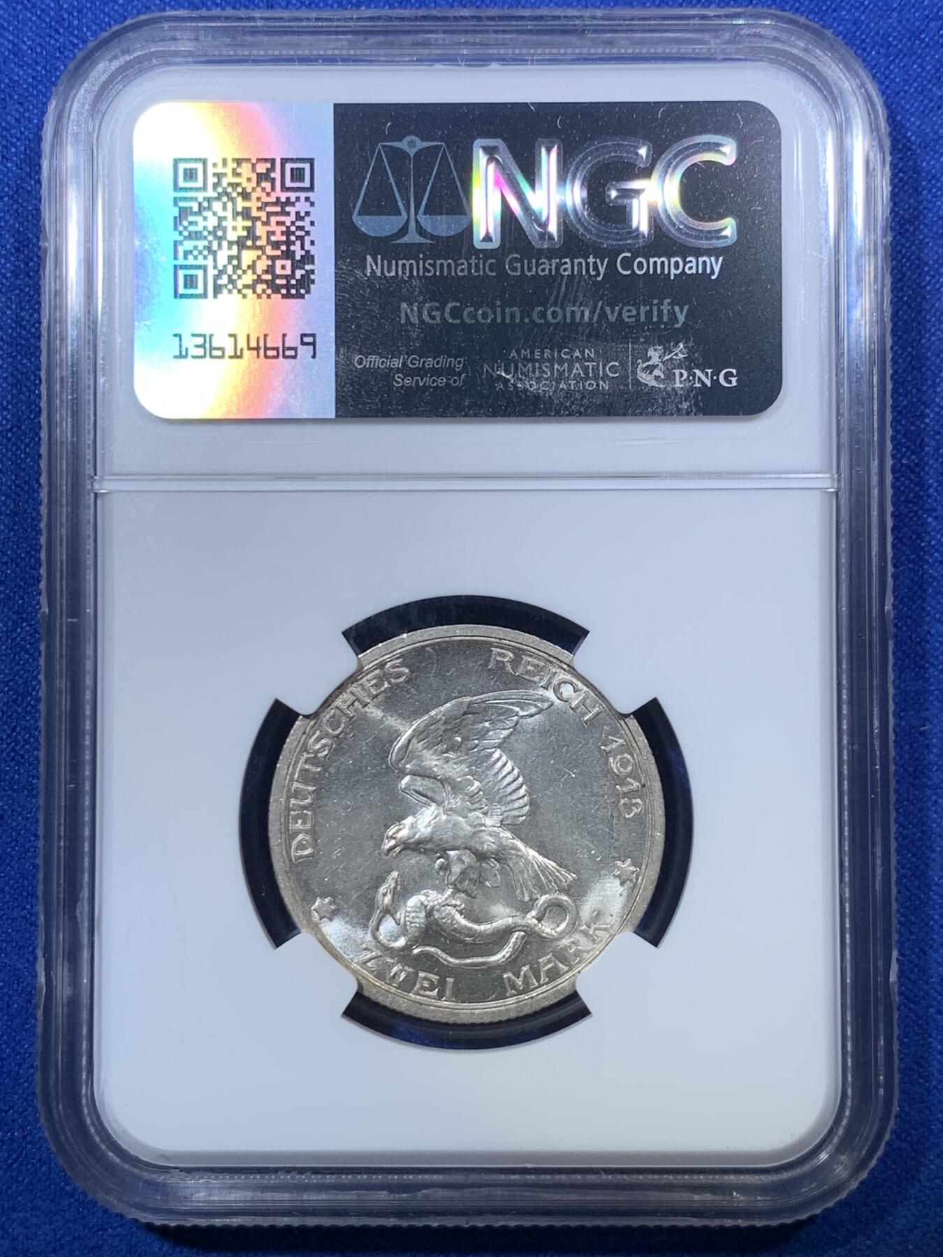 《竞宝斋》第285场- 周日，周一 2场连拍 （全场包邮） NGC MS63 德国1913年普鲁士战胜拿破仑2马克银币