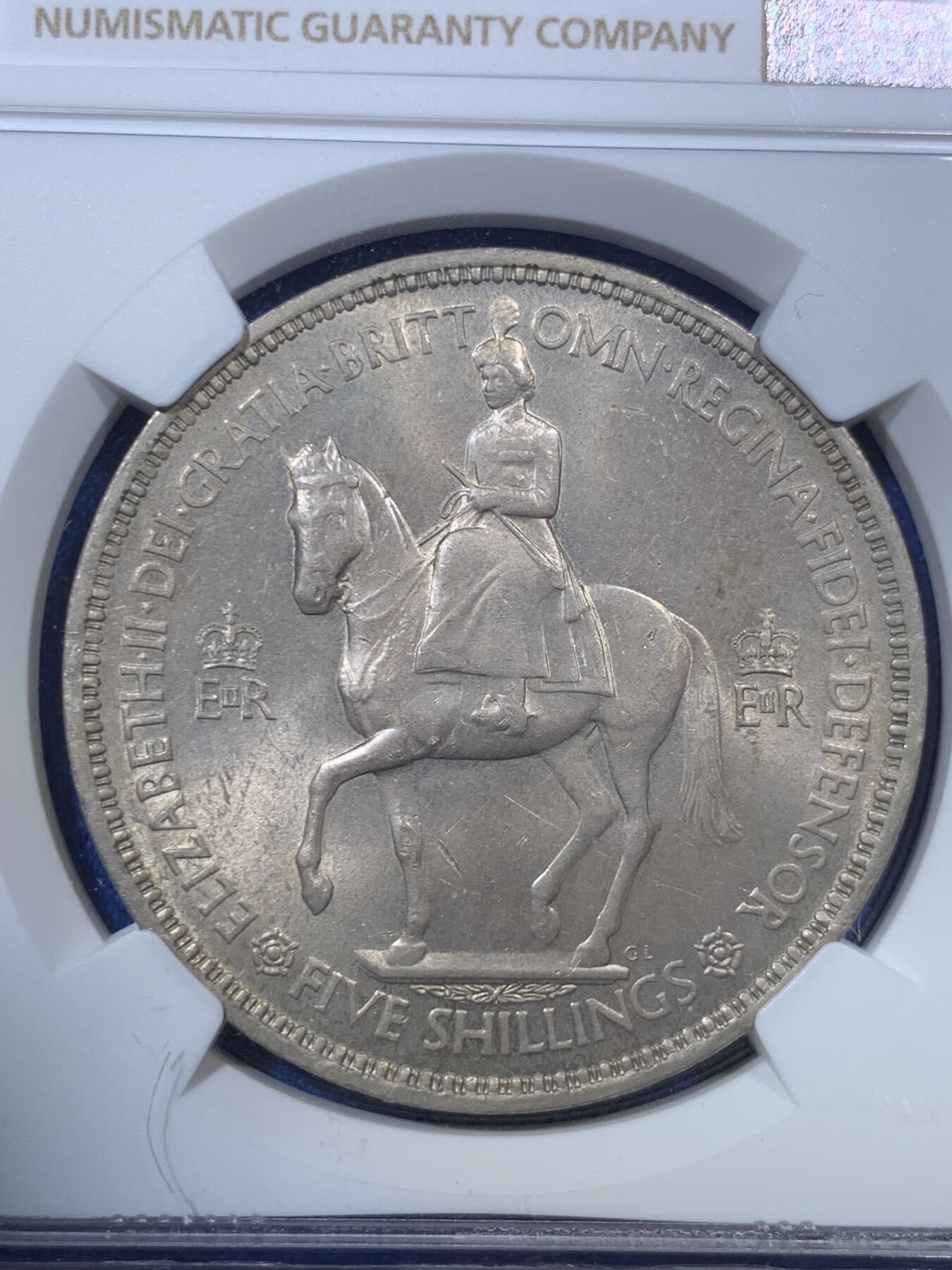 《竞宝斋》第285场- 周日，周一 2场连拍 （全场包邮） NGC MS64 英国1953登基克朗 大热品种 64分可藏品相 两面转光