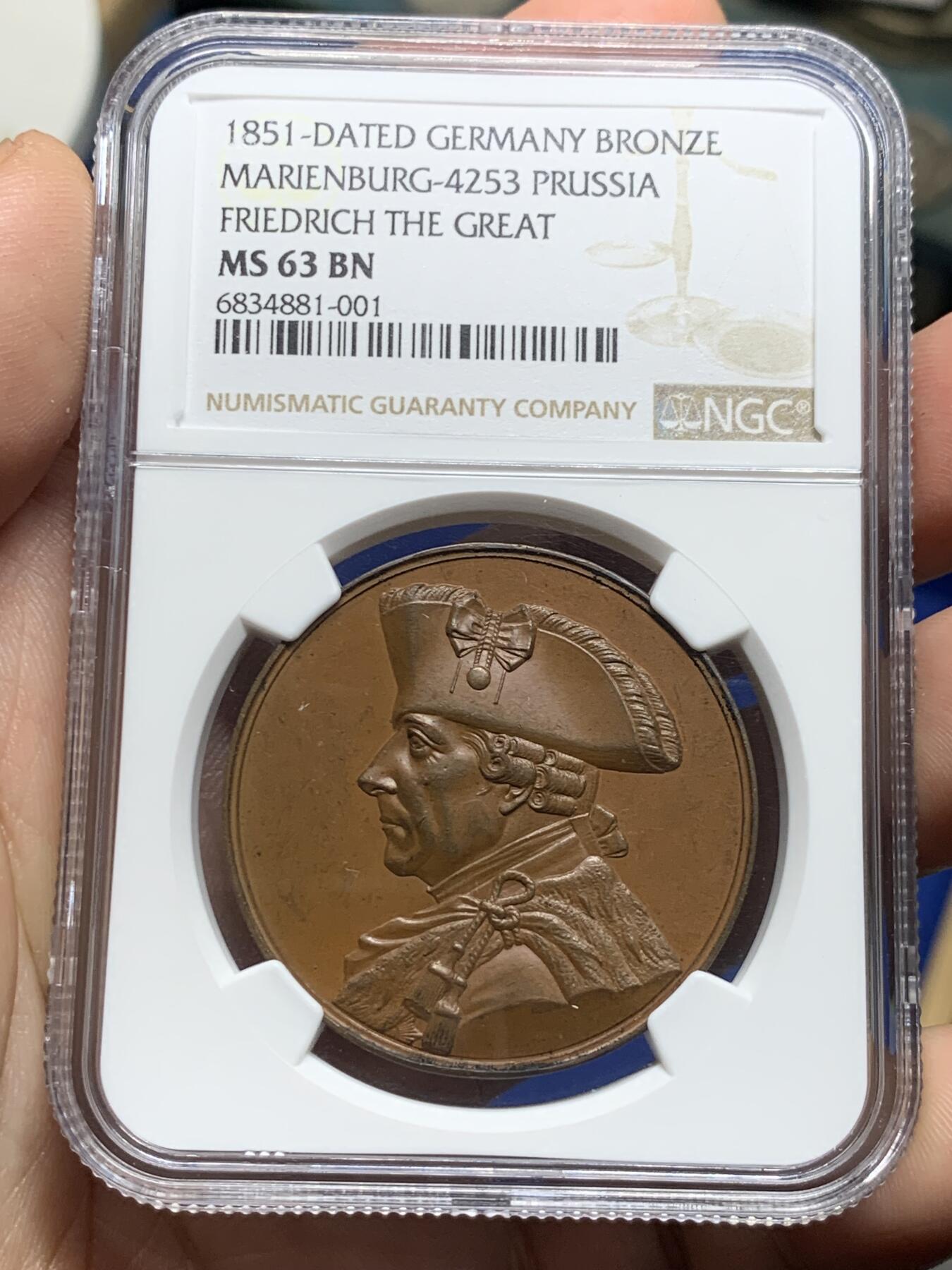 《竞宝斋》第285场- 周日，周一 2场连拍 （全场包邮） NGC MS63 德国1851普鲁士“腓特烈大帝”铜质纪念章 棕色