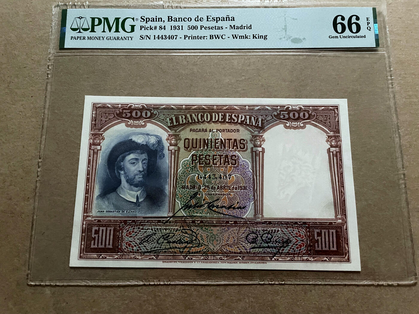 【Blue Auction】✨世界纸币精拍第499期【精】 西班牙 1931年500比塞塔 PMG66EPQ 海盗 