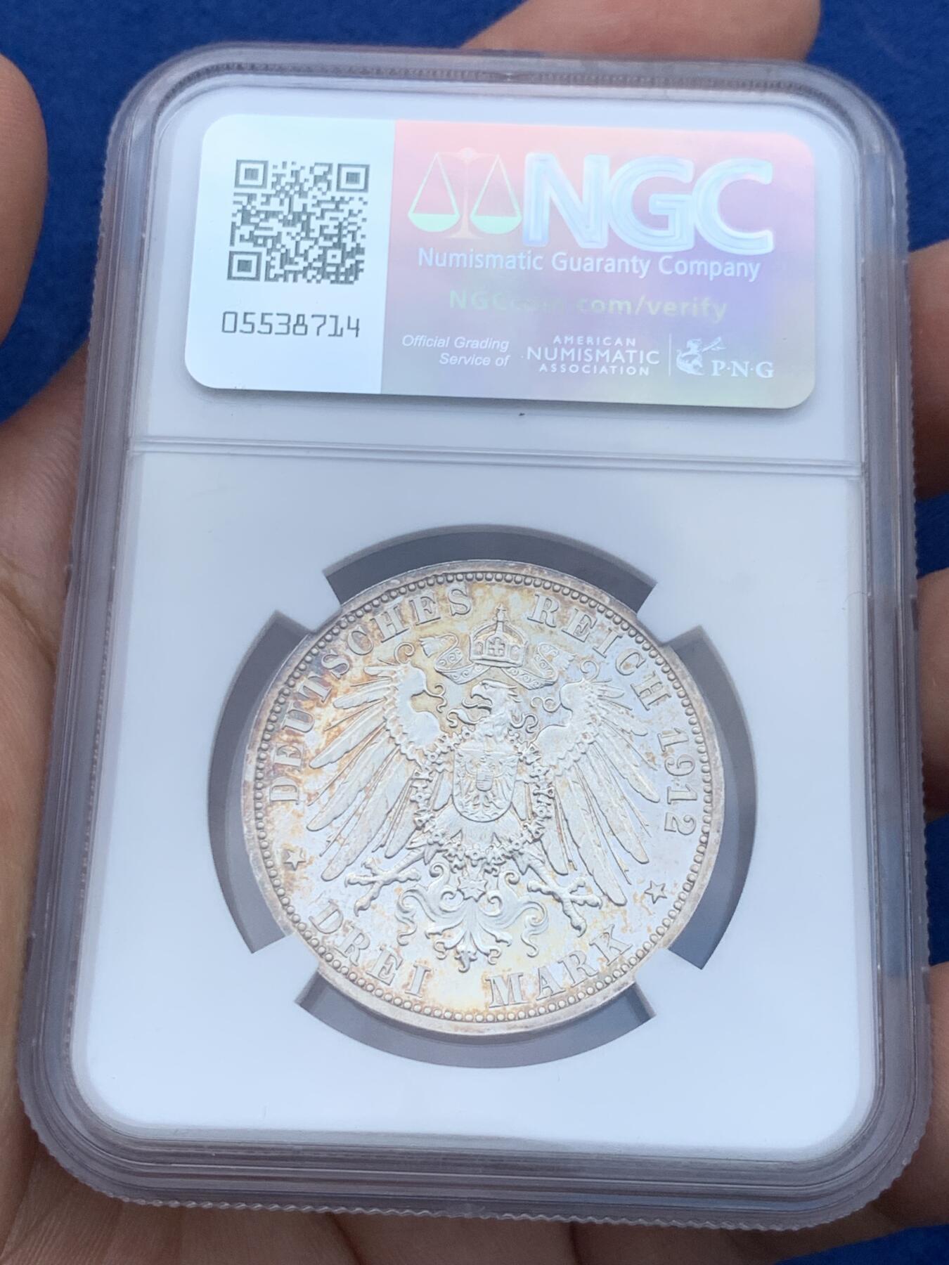 《竞宝斋》第285场- 周日，周一 2场连拍 （全场包邮） NGC PF65 德国1912A吕贝克精制3马克 亚军分 更高评级的只有1枚