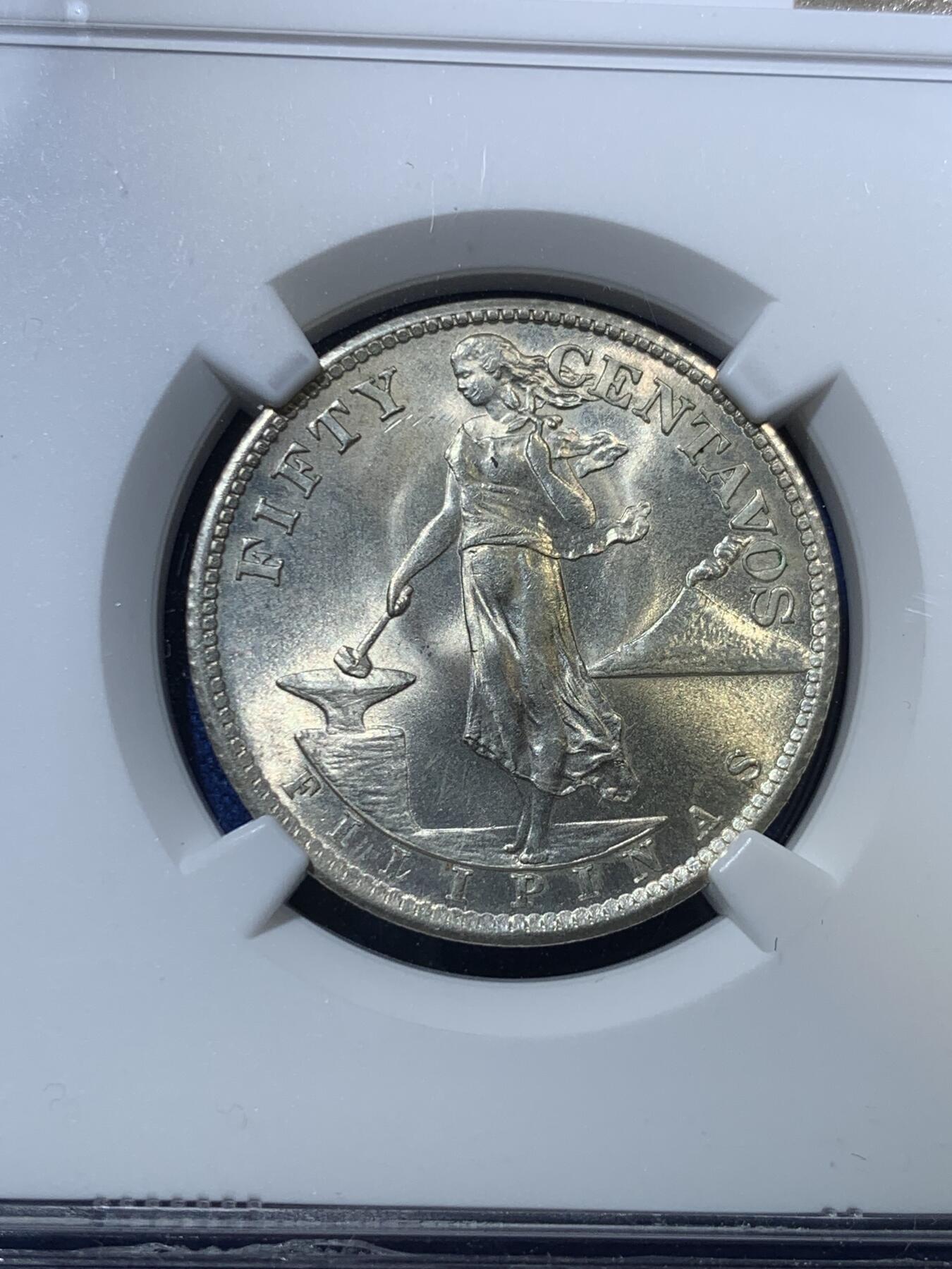 《竞宝斋》第285场- 周日，周一 2场连拍 （全场包邮） NGC MS65 美属菲律宾1944S打铁女神50分银币 车轮转光