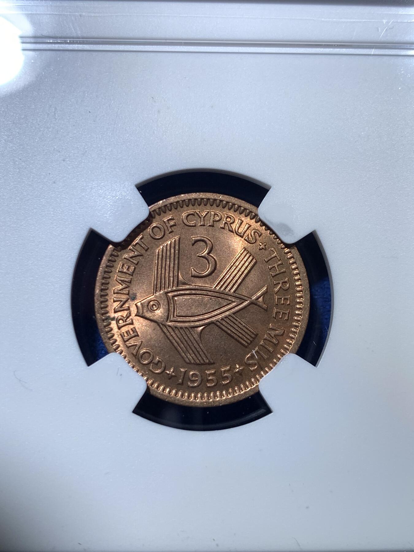 《竞宝斋》第285场- 周日，周一 2场连拍 （全场包邮） 两枚一组 NGC MS66RB&MS64BN 塞浦路斯1955年3米尔&5米尔 两大亮点 3米尔虽然铺天盖地 但是这枚是麦稀奇有史以来最高分 5米尔则罕见 麦稀奇首枚 品相均为一流 实属少见的一对