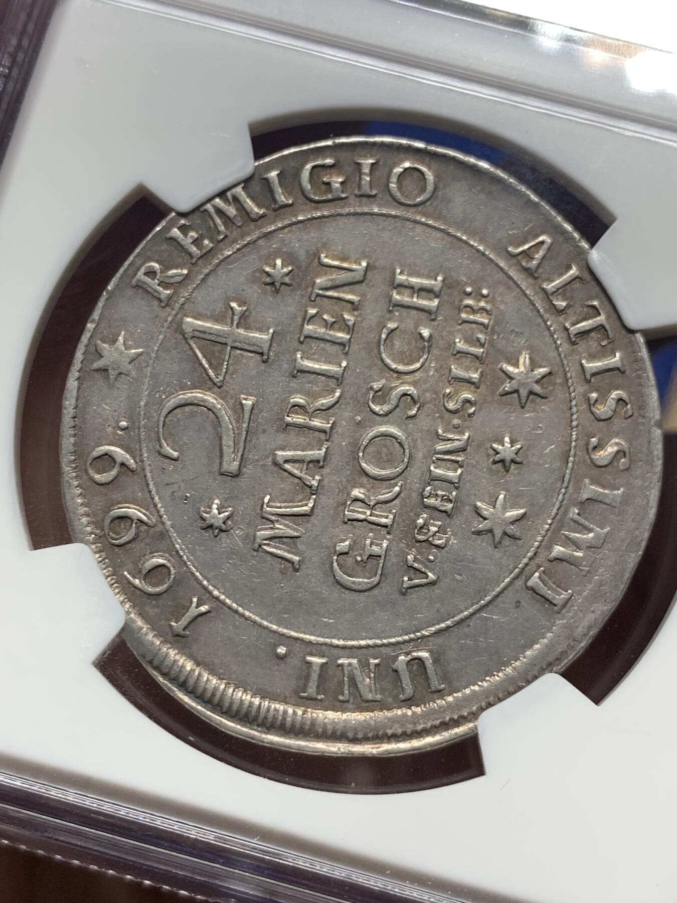 《竞宝斋》第285场- 周日，周一 2场连拍 （全场包邮） NGC AU50 德国1699年布伦瑞克-沃尔芬巴特尔24格罗申（1/2泰勒 )