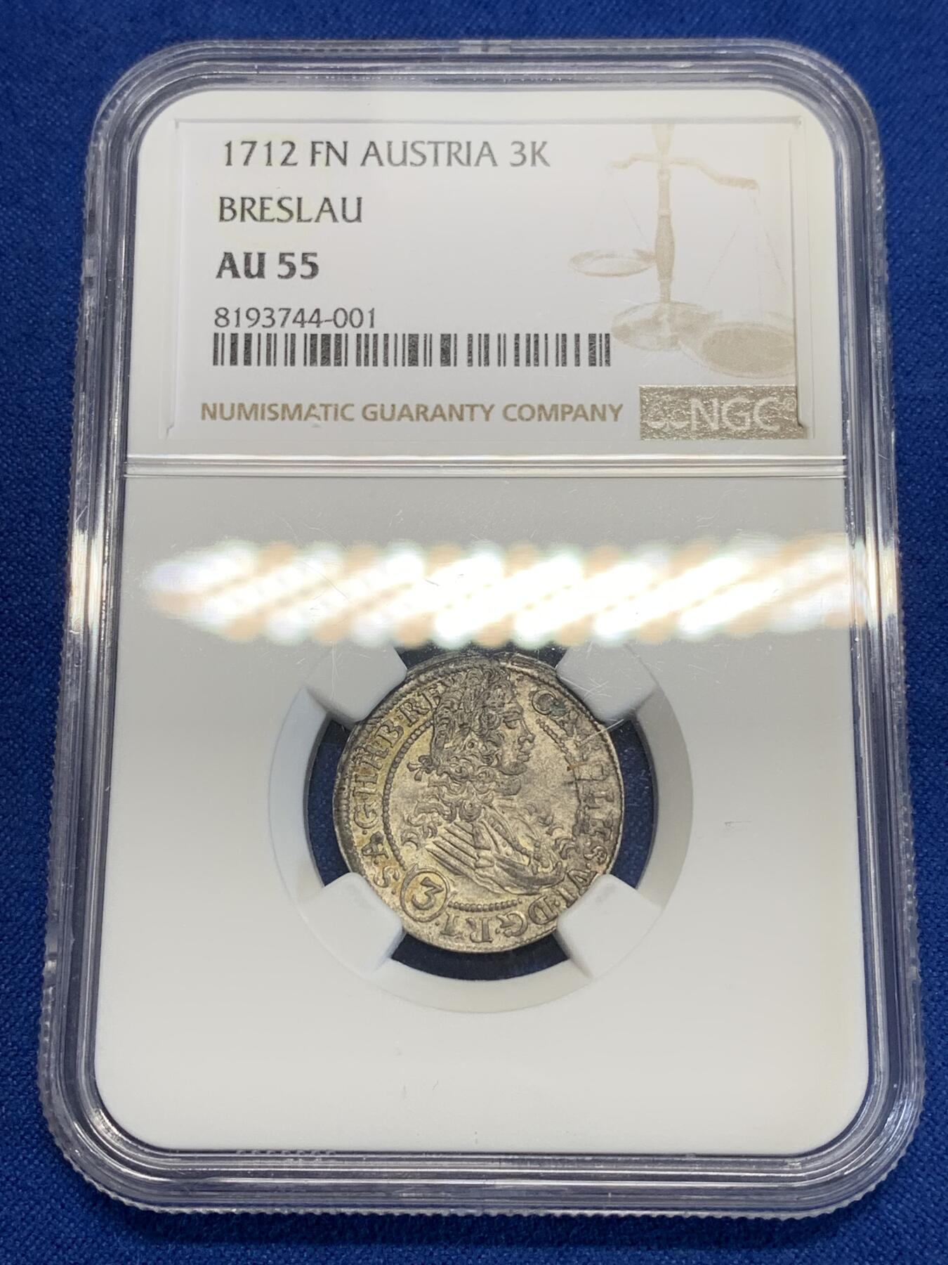《竞宝斋》第285场- 周日，周一 2场连拍 （全场包邮） NGC AU55 神圣罗马帝国1712年查理六世3克鲁泽银币  稀少的波兰-布雷斯劳造币厂铸造 五彩包浆