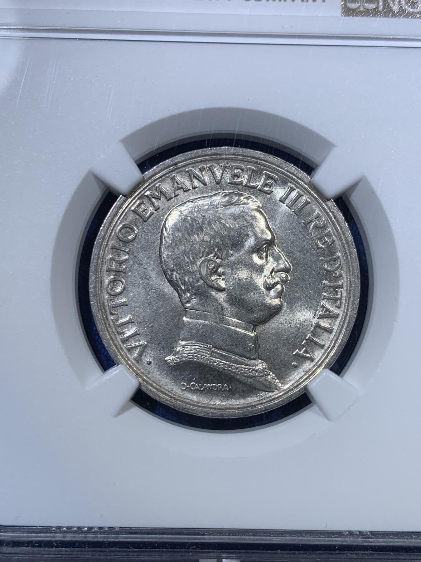 《竞宝斋》第285场- 周日，周一 2场连拍 （全场包邮） NGC MS62 意大利1914年马车2里拉银币