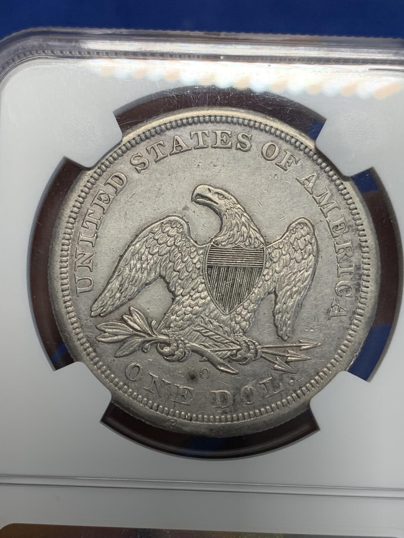 《竞宝斋》第285场- 周日，周一 2场连拍 （全场包邮） NGC XFD 美国1860年O版自由女神坐像1美元银币 不带美国箴言“In god we trust” 严评了 出分就翻倍了 不常见之物