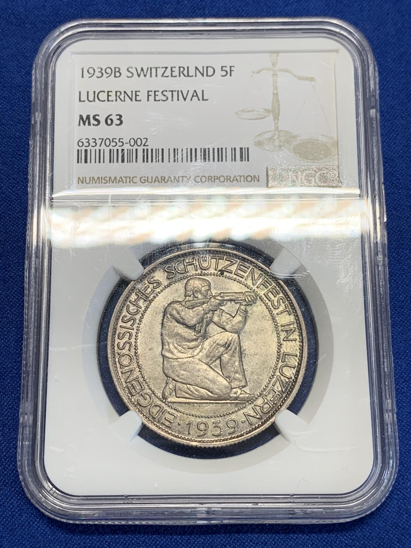《竞宝斋》第285场- 周日，周一 2场连拍 （全场包邮） NGC MS63 瑞士1939年卢塞恩狩猎节5法郎银币