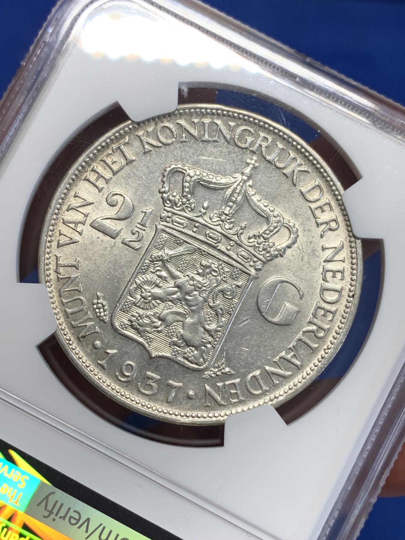 《竞宝斋》第285场- 周日，周一 2场连拍 （全场包邮） NGC MS63 荷兰1937年女王威廉明娜2.5盾银币