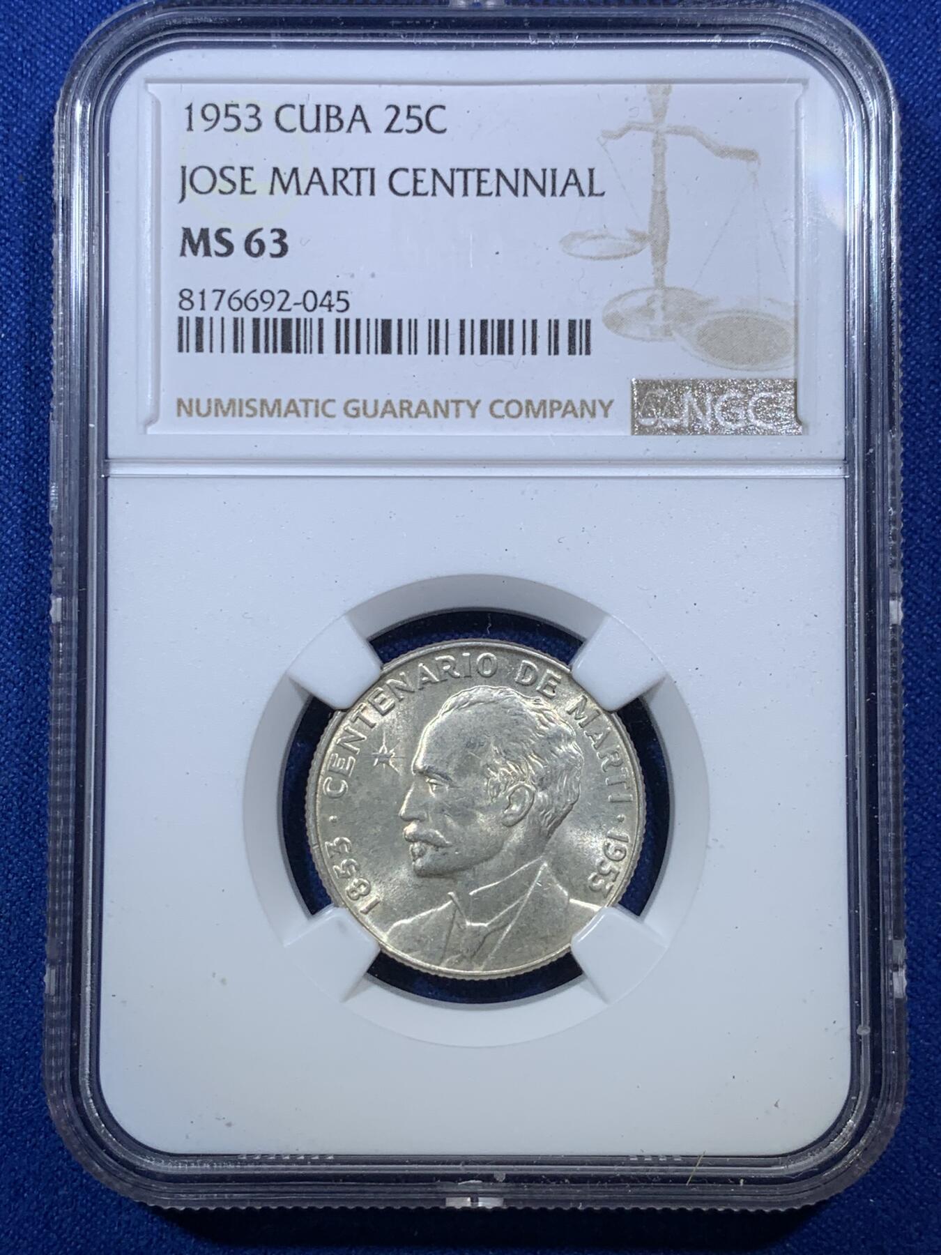 《竞宝斋》第285场- 周日，周一 2场连拍 （全场包邮） NGC MS63 古巴1953年何塞马丁百年纪念25分银币