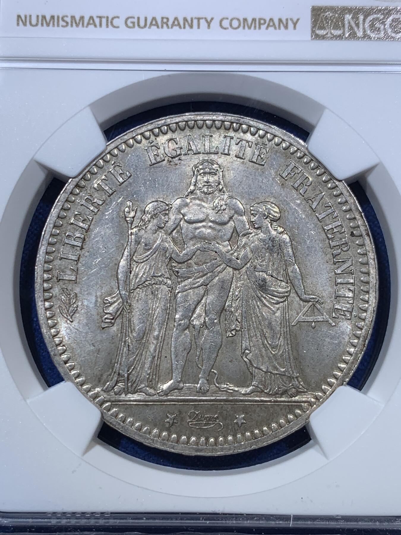 《竞宝斋》第285场- 周日，周一 2场连拍 （全场包邮） NGC MS62 法国1873年大力神5法郎银币