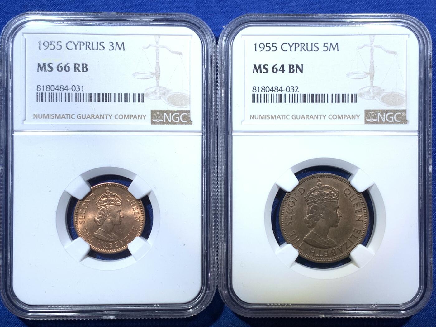 《竞宝斋》第285场- 周日，周一 2场连拍 （全场包邮） 两枚一组 NGC MS66RB&MS64BN 塞浦路斯1955年3米尔&5米尔 两大亮点 3米尔虽然铺天盖地 但是这枚是麦稀奇有史以来最高分 5米尔则罕见 麦稀奇首枚 品相均为一流 实属少见的一对