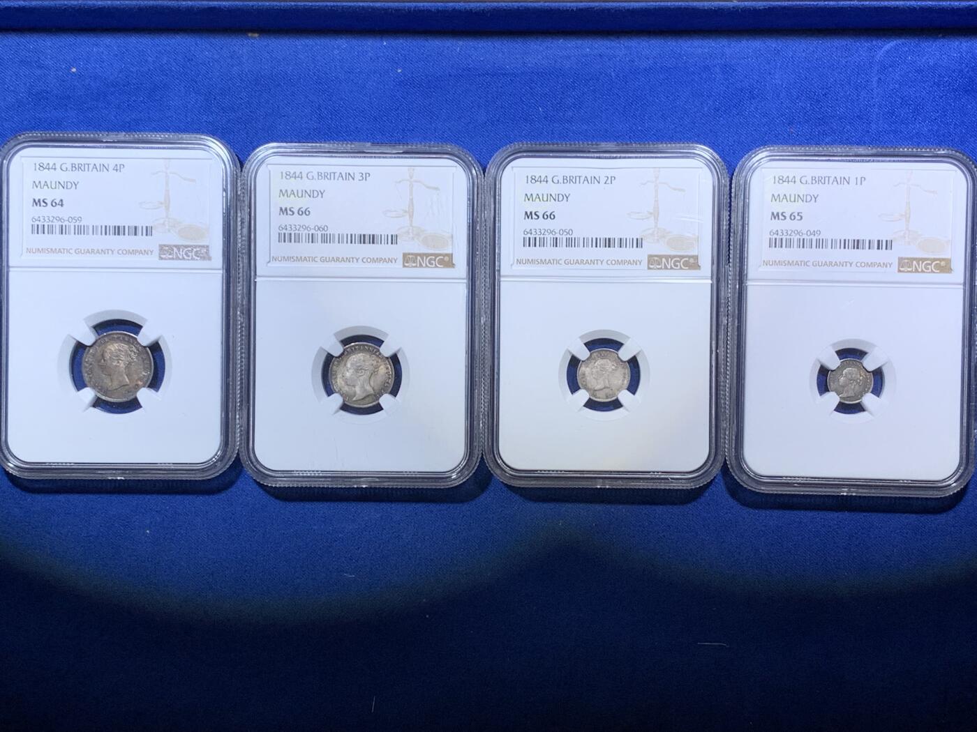 《竞宝斋》第285场- 周日，周一 2场连拍 （全场包邮） 4枚一组 NGC MS65/66/66/64 英国1844 维多利亚 濯足币 1P+2P+3P+4P 高分小维濯足 淡灰色带彩包浆漂亮