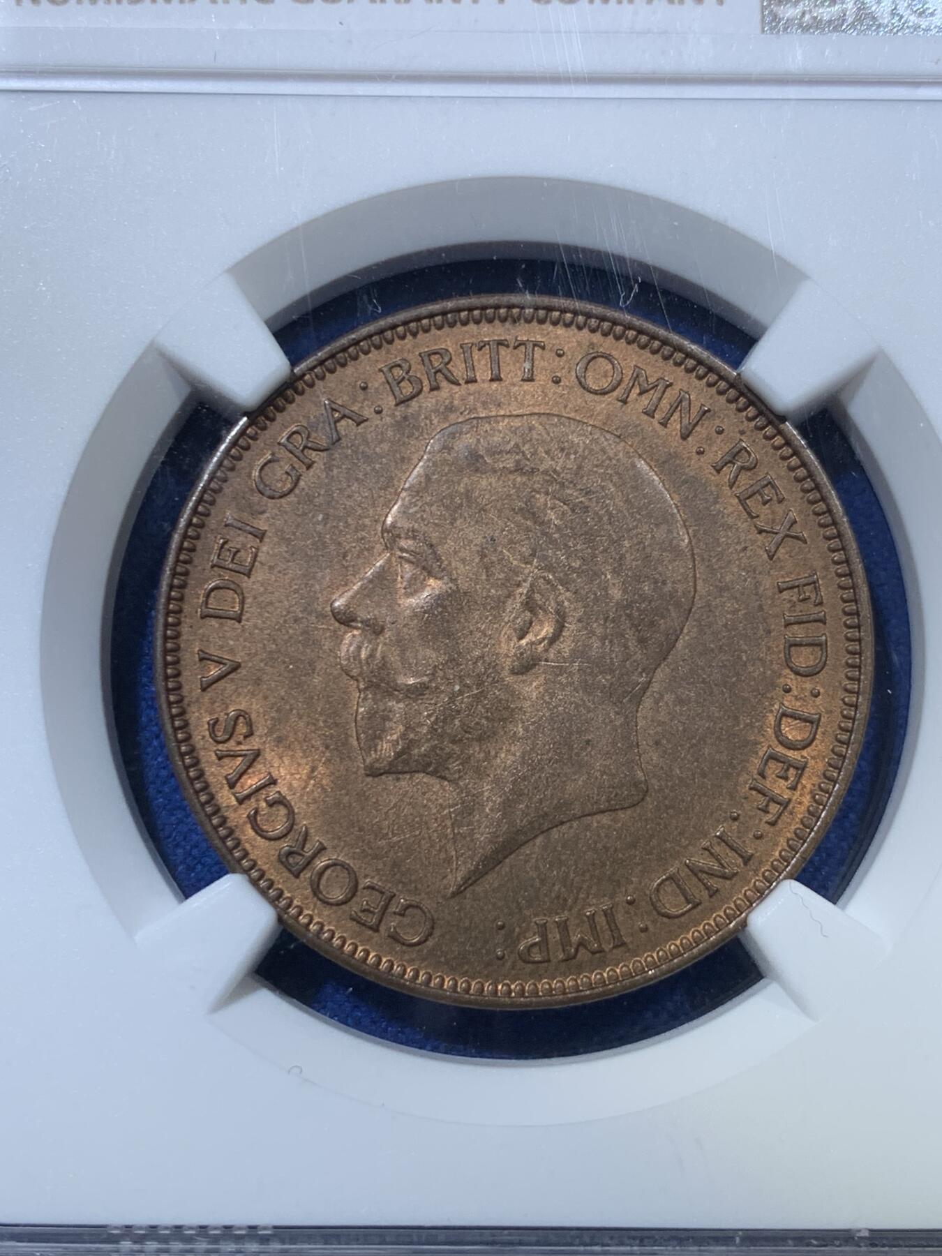 《竞宝斋》第285场- 周日，周一 2场连拍 （全场包邮） NGC MS64BN 英国1935年乔治五世1便士 64的好状态少见