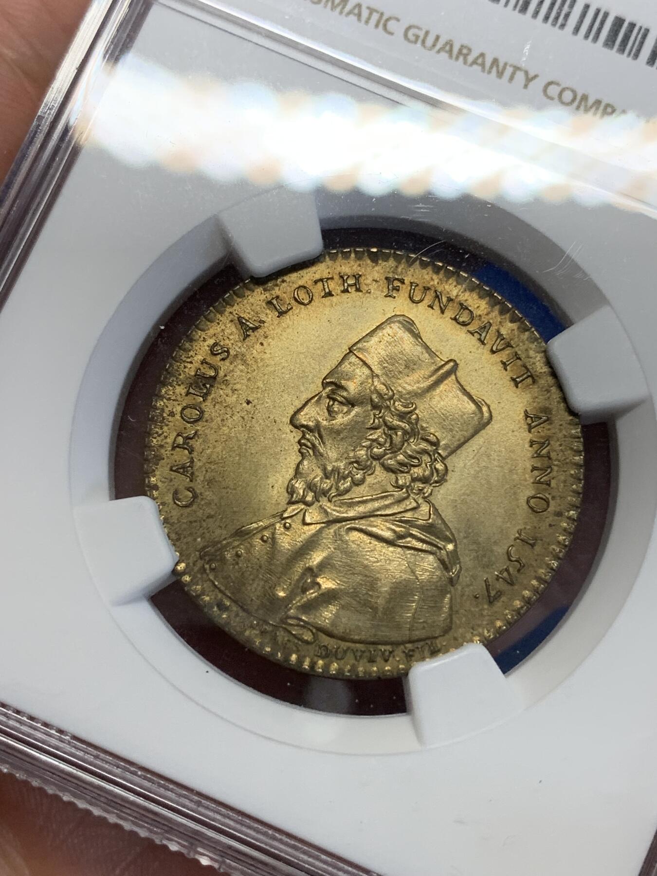 《竞宝斋》第285场- 周日，周一 2场连拍 （全场包邮） NGC MS64RB 法国1756年兰斯大学铜质代币  洛林的查理三世头像  高分收藏品