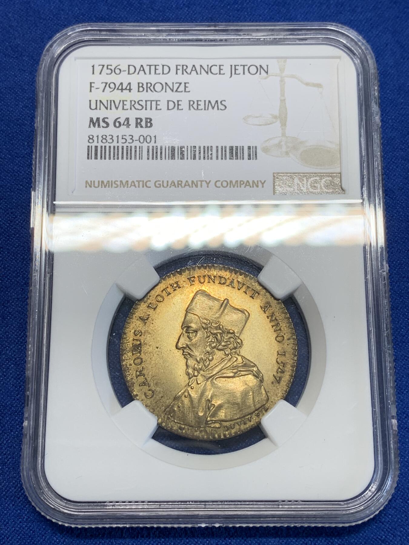 《竞宝斋》第285场- 周日，周一 2场连拍 （全场包邮） NGC MS64RB 法国1756年兰斯大学铜质代币  洛林的查理三世头像  高分收藏品