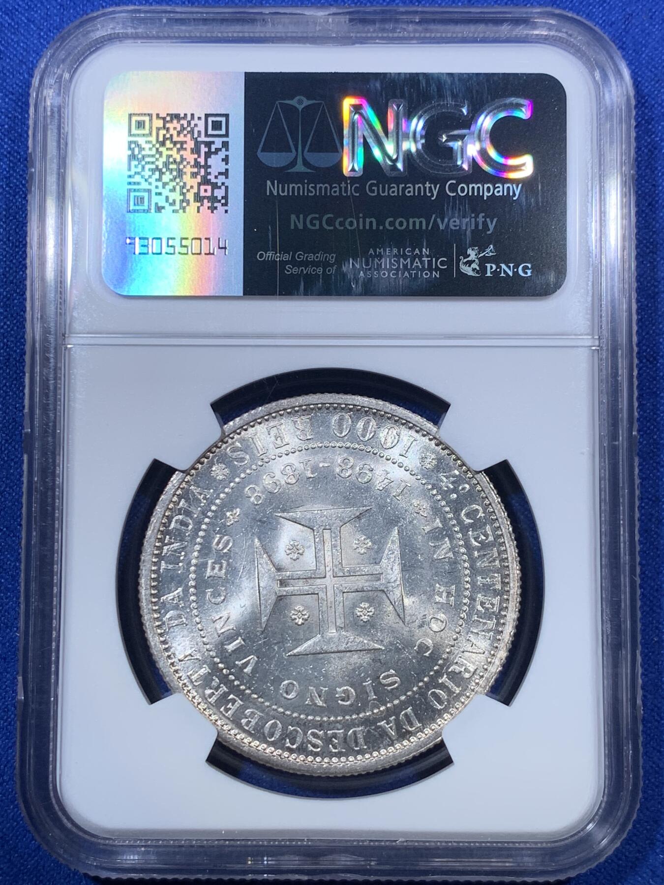 《竞宝斋》第285场- 周日，周一 2场连拍 （全场包邮） NGC MS62 葡萄牙1898年发现印度戎装版1000瑞斯银币